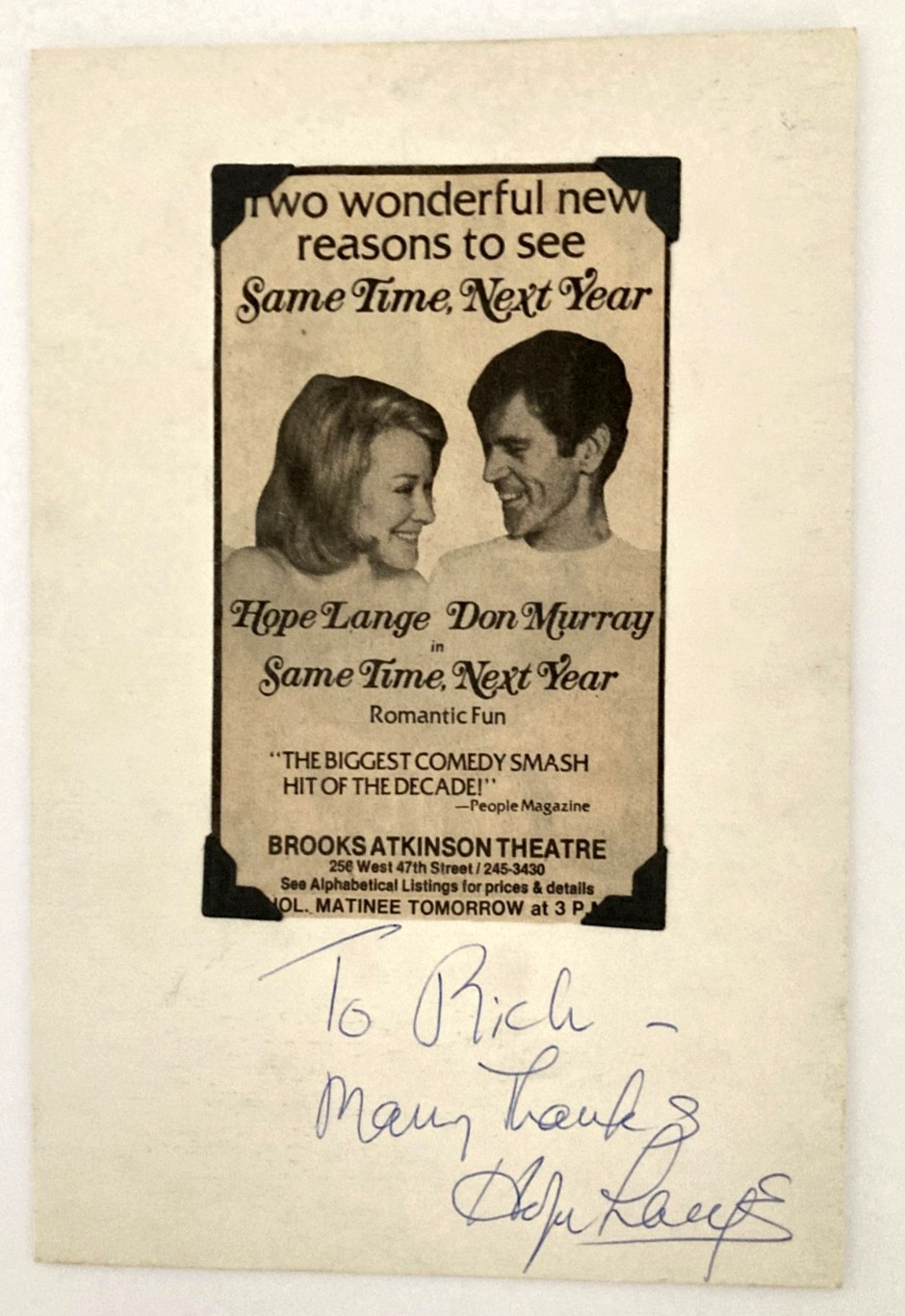 SIGNED Hope Lange 5×8″ Card with BROADWAY “Same Time Next Year” ADVERTISEMENT