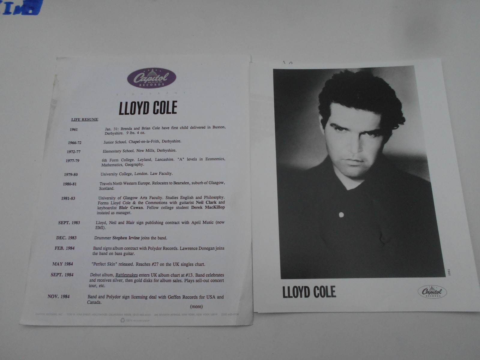 “LLOYD COLE”OFFICIAL PHOTO/BIO-MEDIA INFO-PRESS RELEASE/KIT-1991