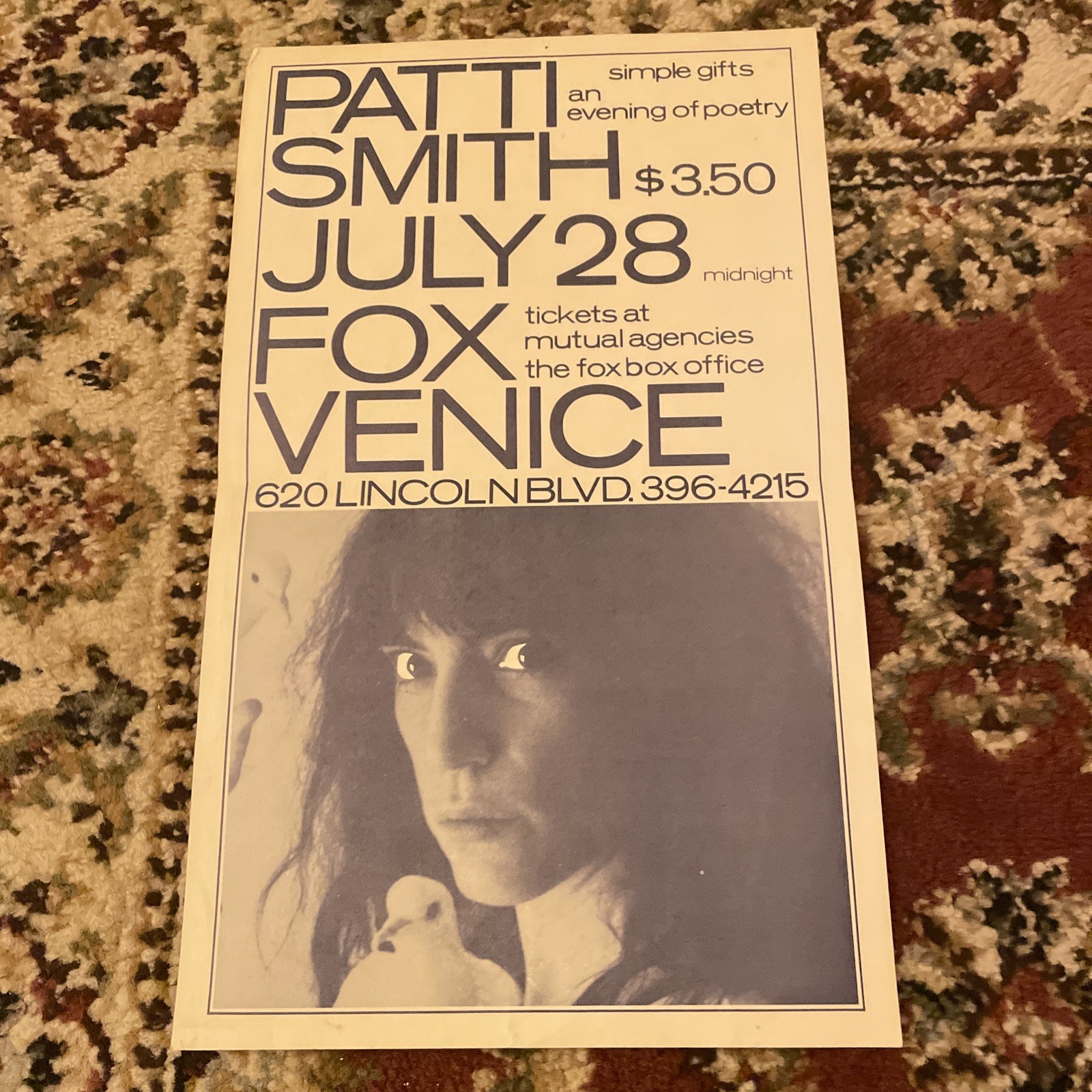 original vintage 1979 Patti Smith 14″ x 8.5″ show flyer from Fox Venice Theatre