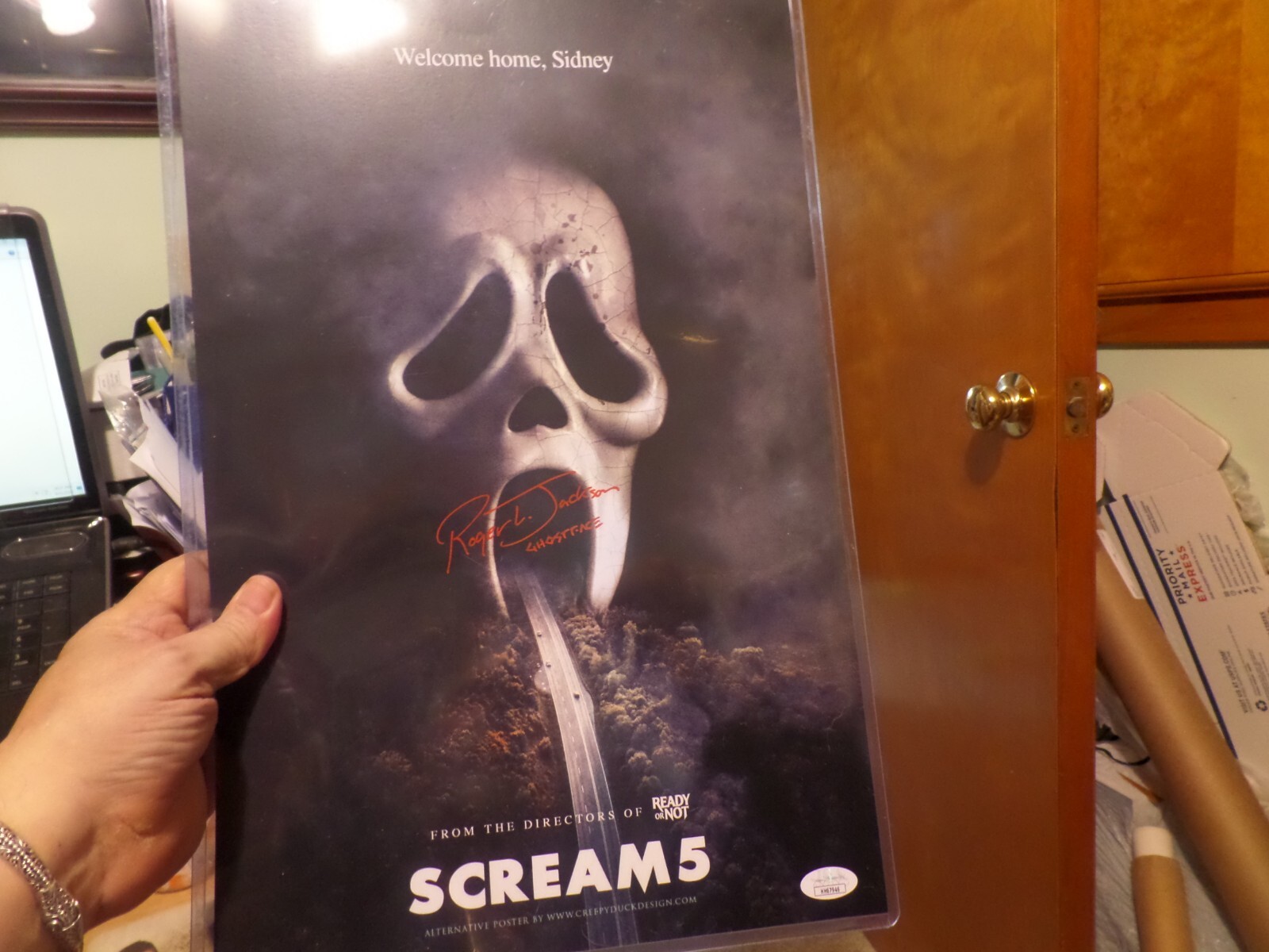 Roger JACKSON Signed Scream 5 11×17 Movie Poster Ghostface Auto BAS QR JSA D