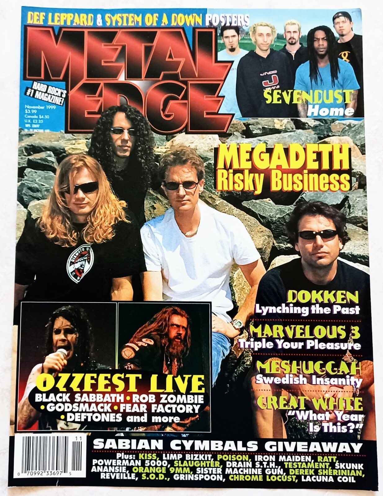 1999 METAL EDGE MAGAZINE~COVER ONLY~MEGADETH/ROB ZOMBIE~POSTER PINUP WALL ART