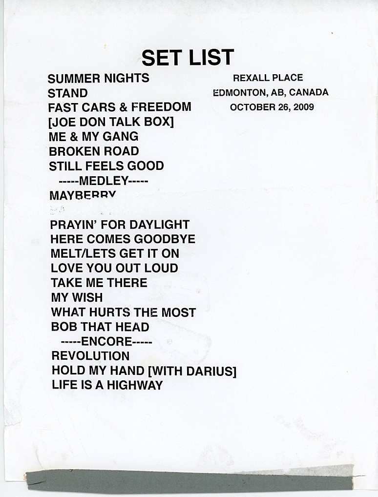 Original -TOM COCHRANE- Stage-Used Concert/Tour Rock Music Setlist – Edmonton