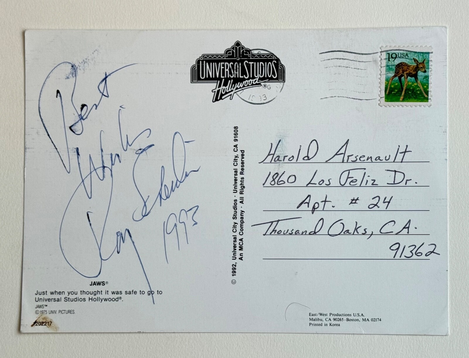 Roy Scheider – Chief Brody SIGNED AUTOGRAPH RARE JAWS Postcard Universal RARE K9