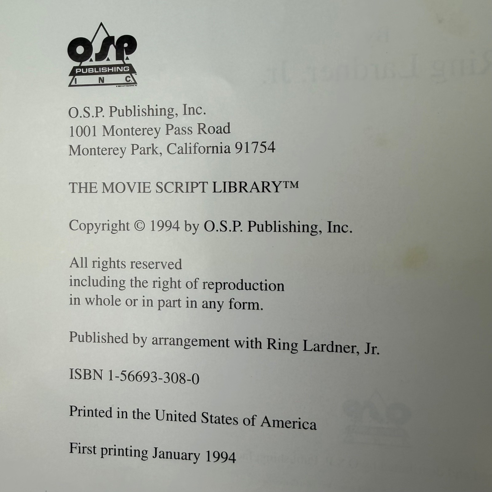 MASH Original Movie Script Premiere Script Library 1994 1st Print Worn