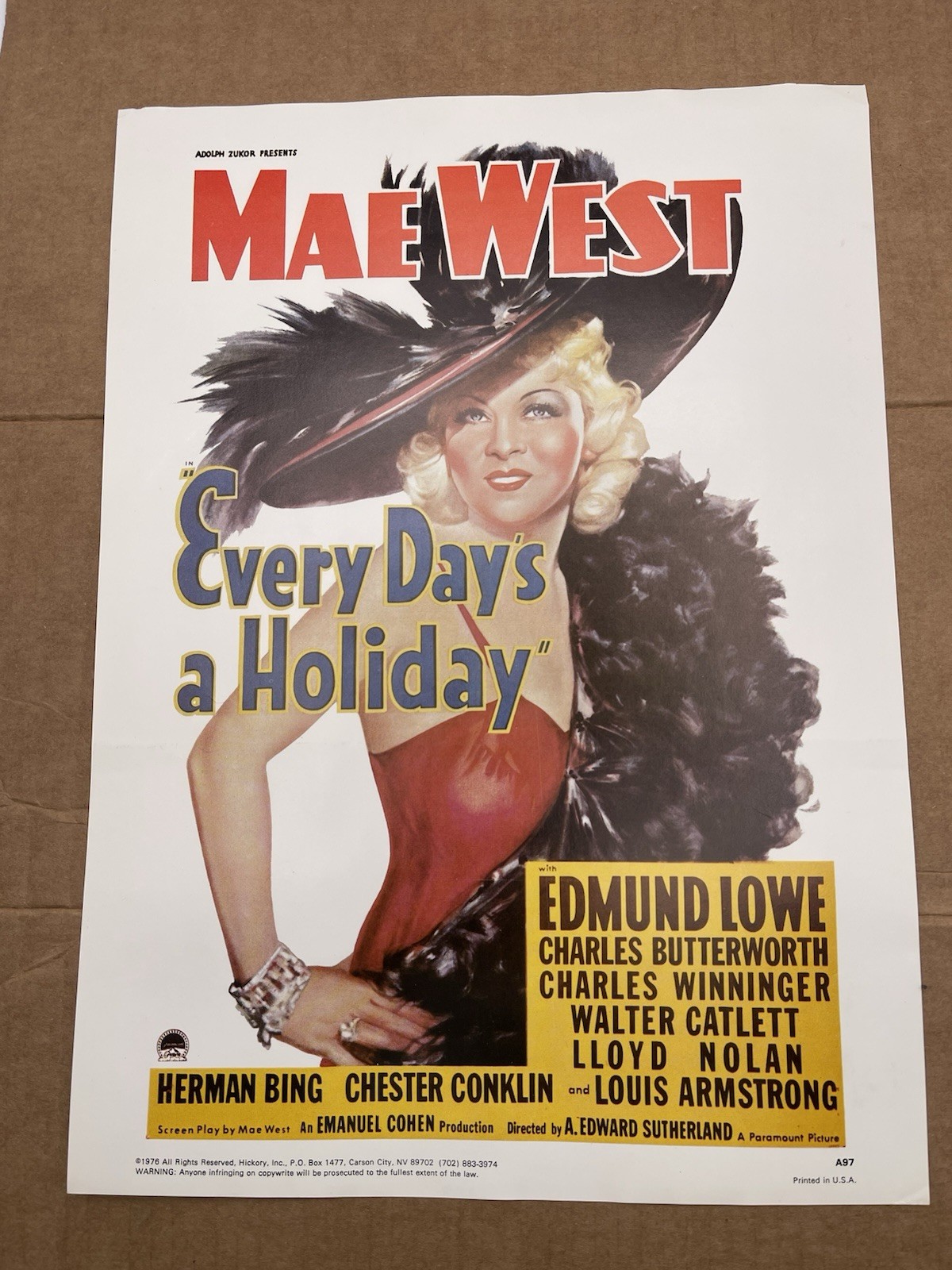 Vintage 1977 Reproduction Poster of original 1938 Mae West Movie 14” x 10”