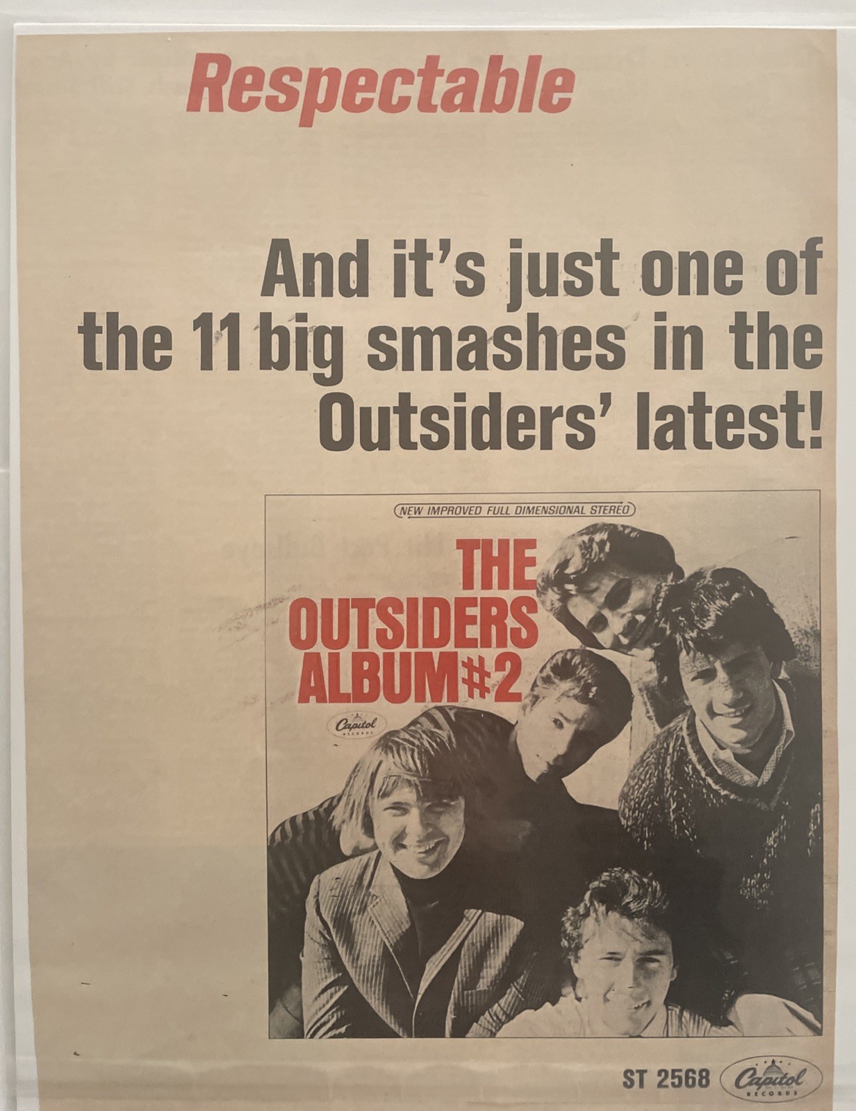 1967 THE OUTSIDERS, Respectable, Record Promo Ad