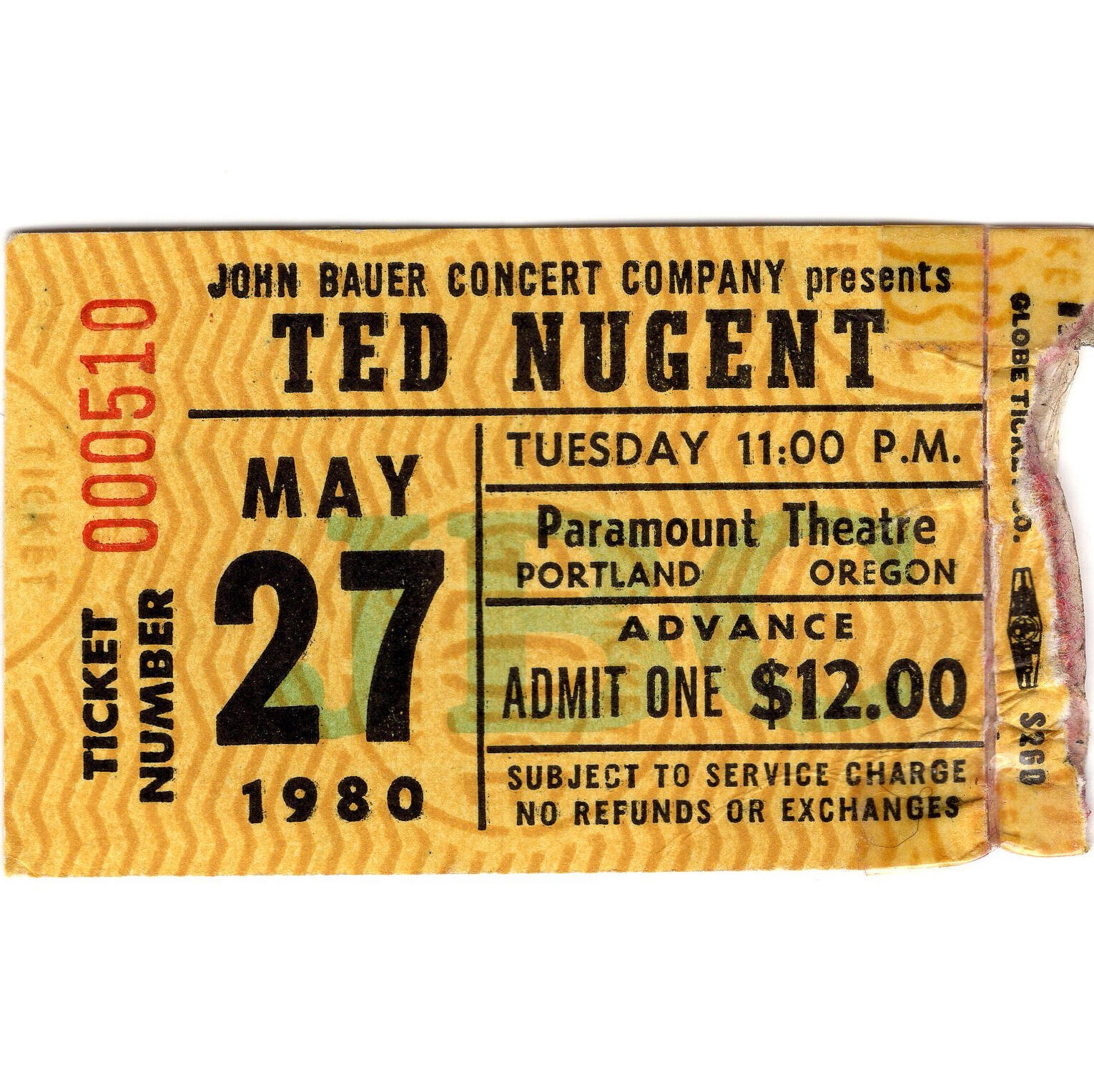 TED NUGENT & SCORPIONS Concert Ticket Stub PORTLAND OR 5/27/80 PARAMOUNT Rare