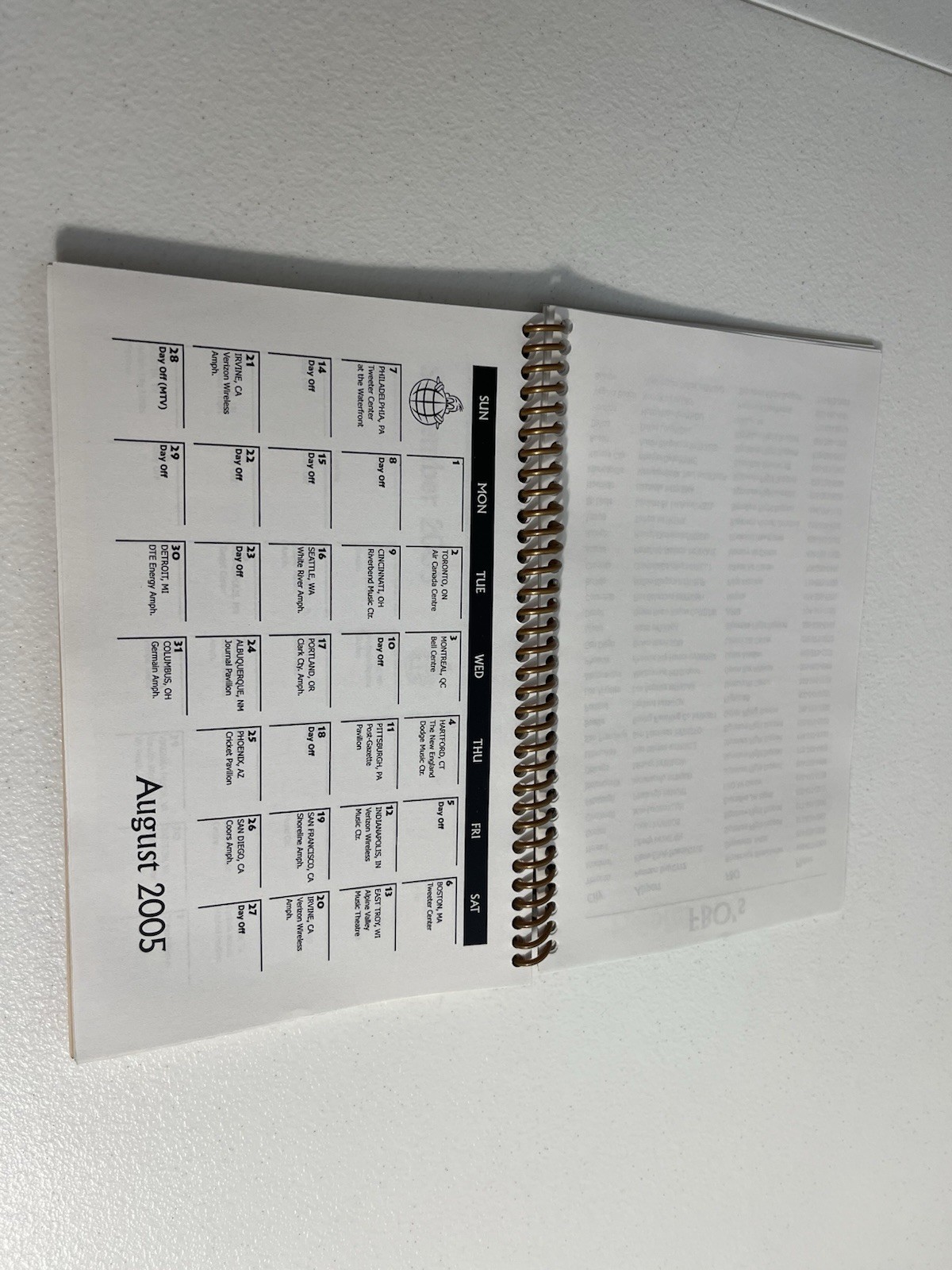 Coldplay Twisted Logic North America Summer 2005 Original Crew Tour Itinerary