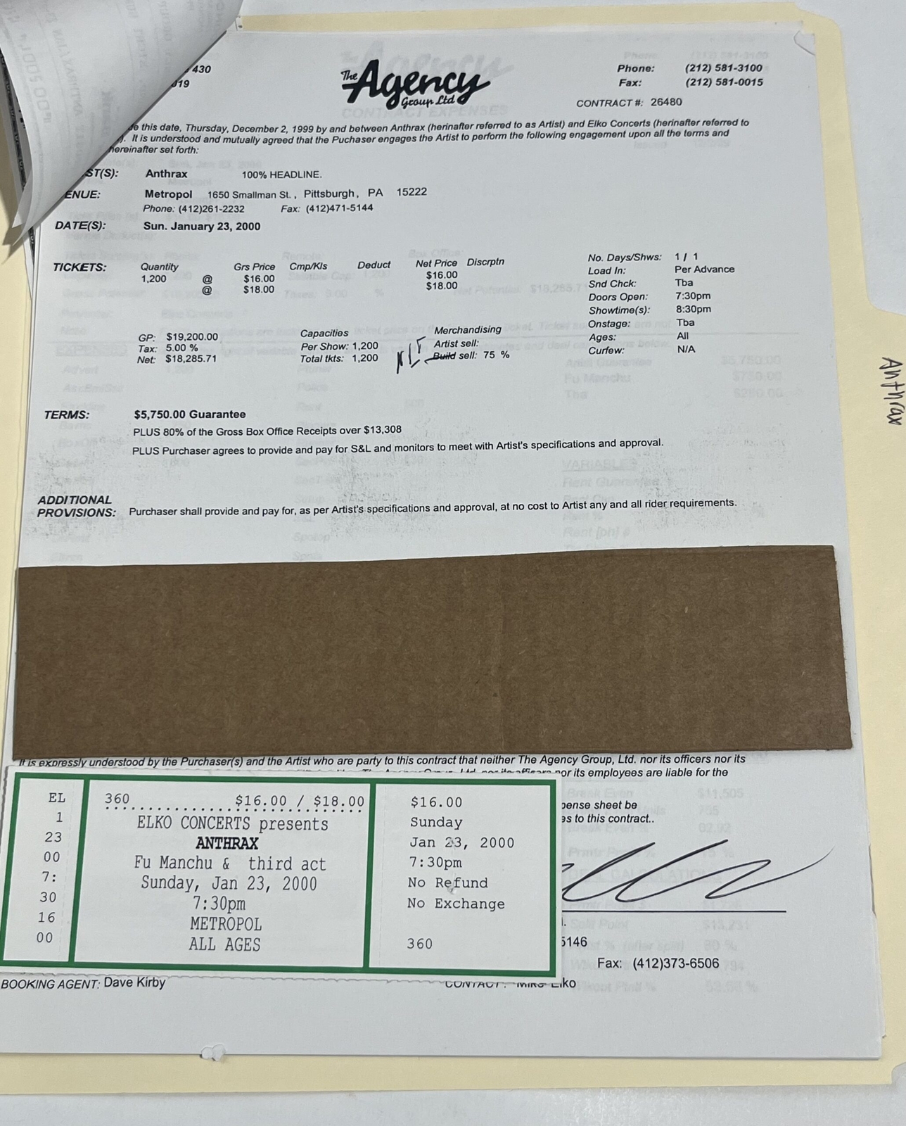 Anthrax Concert Contract 2000 Pittsburgh PA