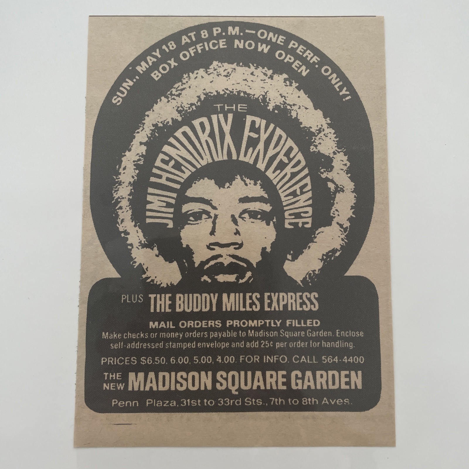 1969 JIMI HENDRIX EXPERIENCE Madison Square Garden , Concert Ad