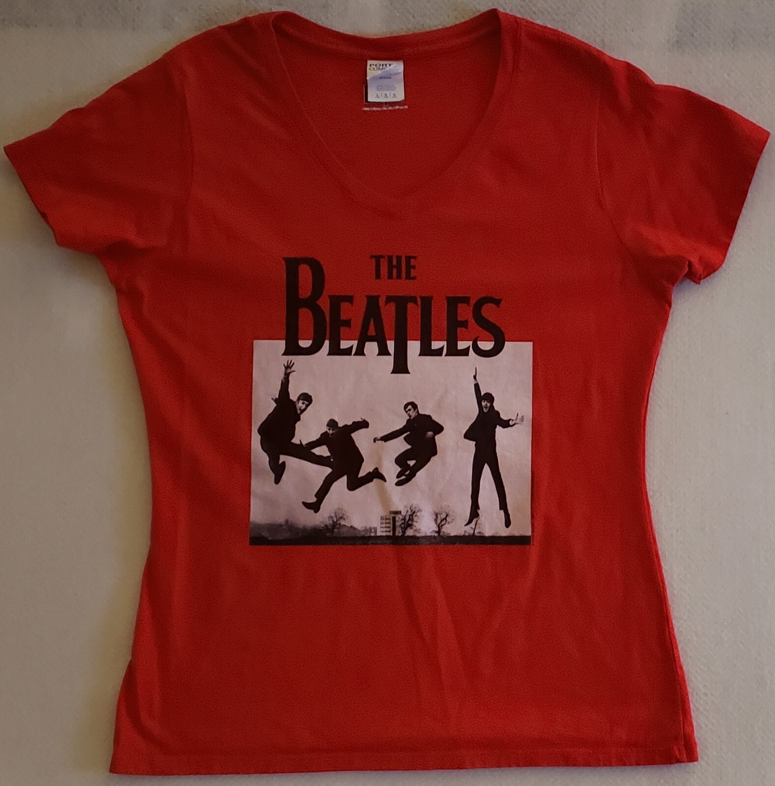 THE BEATLES Size Ladies Large V-Neck Red T-Shirt