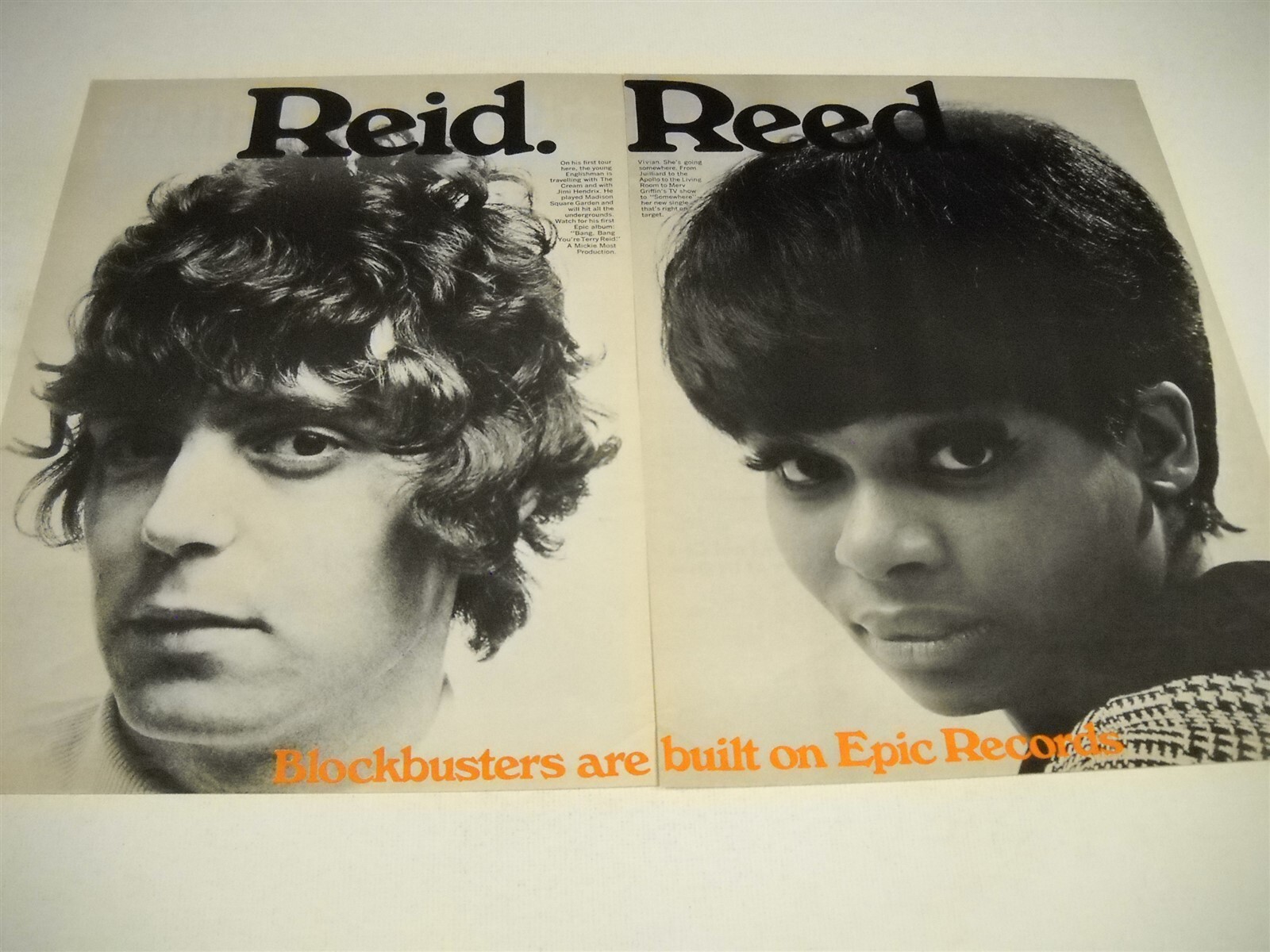 TERRY REID and VIVIAN REED clever word play 2-piece 1968 PROMO DISPLAY AD
