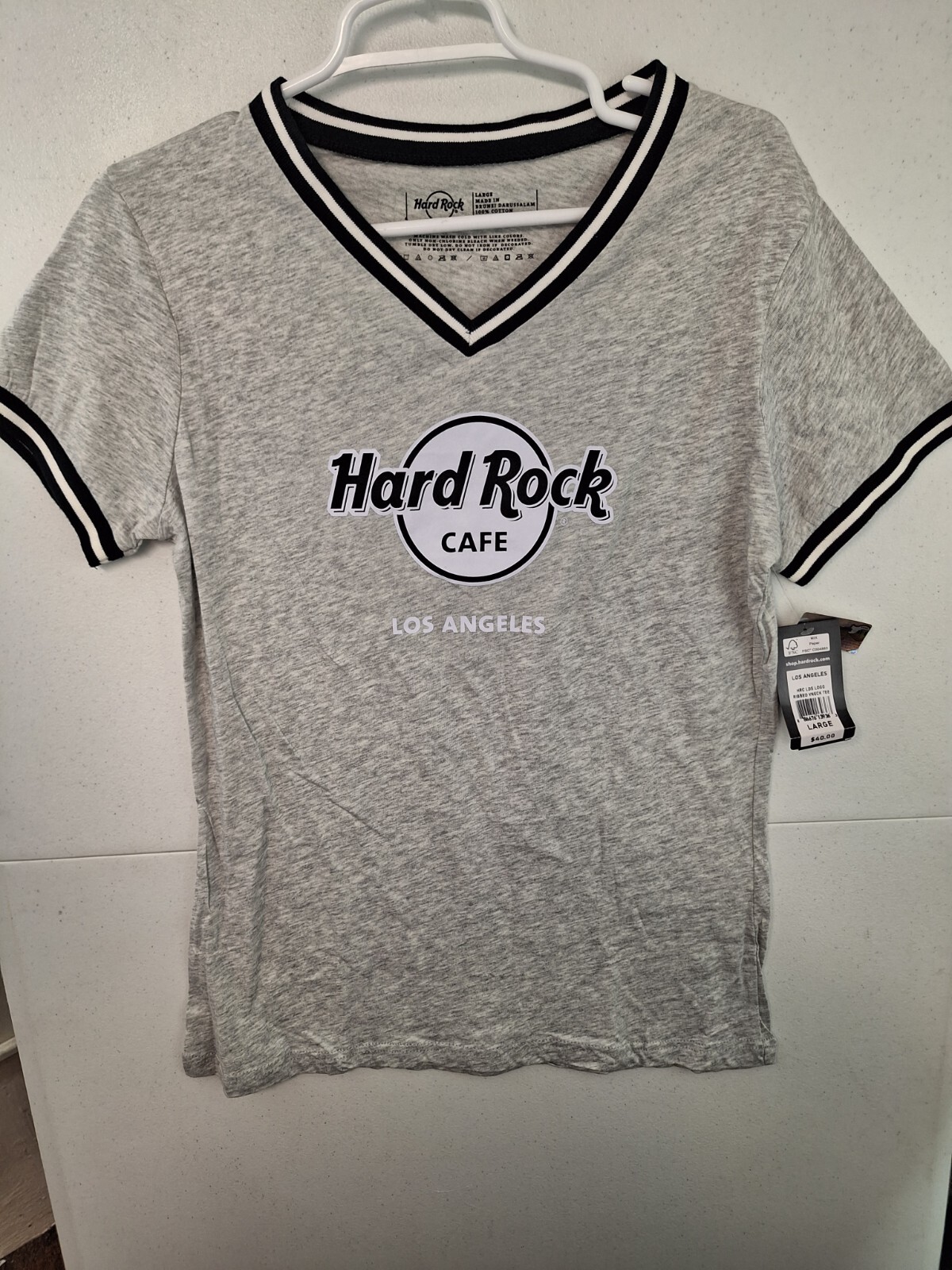 Hard Rock Cafe Los Angeles Ribbed V-Neck T-Shirt Women’s Large Gray NWT $40