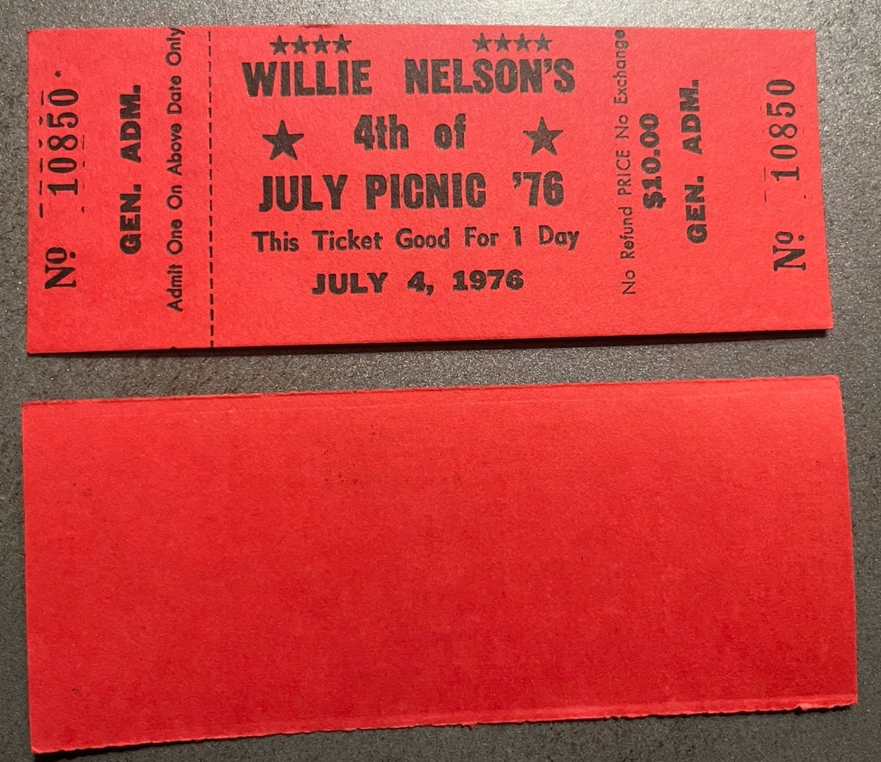 Willie Nelson 1976 4th Of July Picnic Concert Ticket Unused Rare