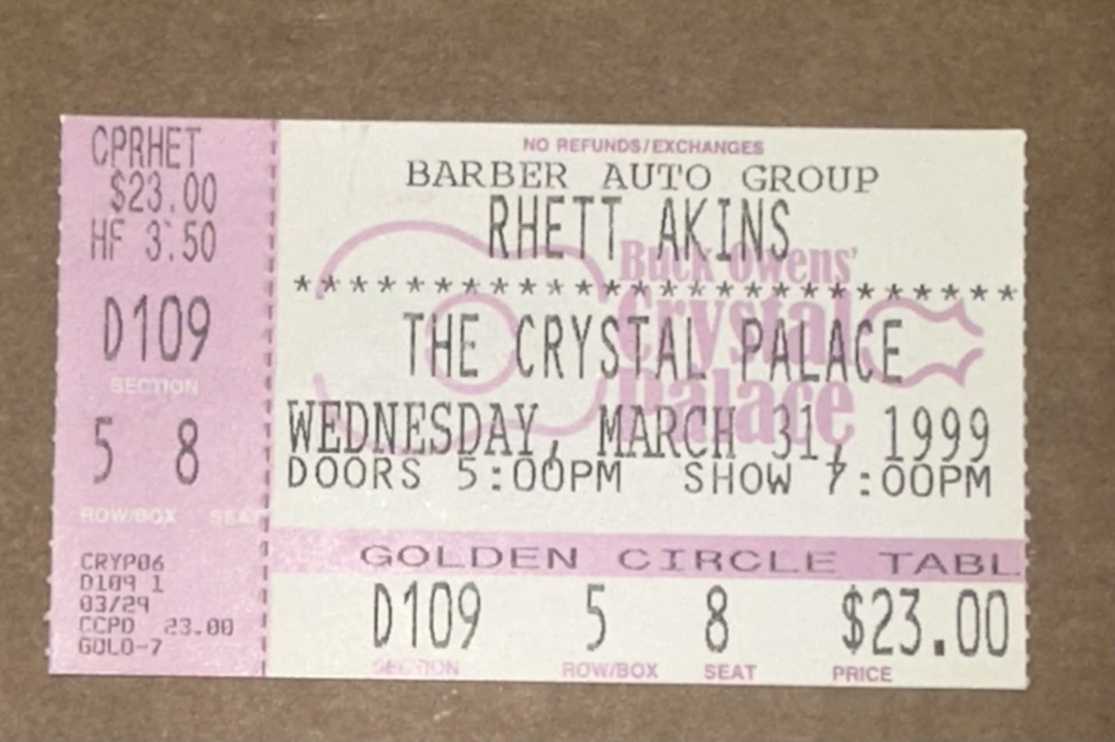 Rhett Akins Concert Ticket Stub The Crystal Palace Bakersfield CA Show 3/31/1999