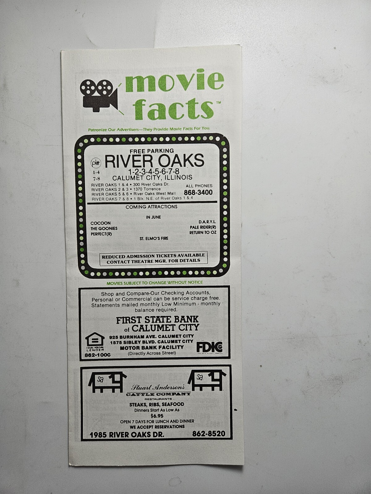 Vintage Movie Facts 1985 Movie Theater Pamphlet