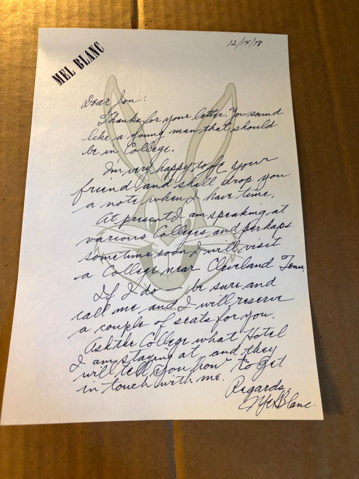 Mel Blanc Terrific Rare Autographed Handwritten Letter 1978 Bugs Bunny