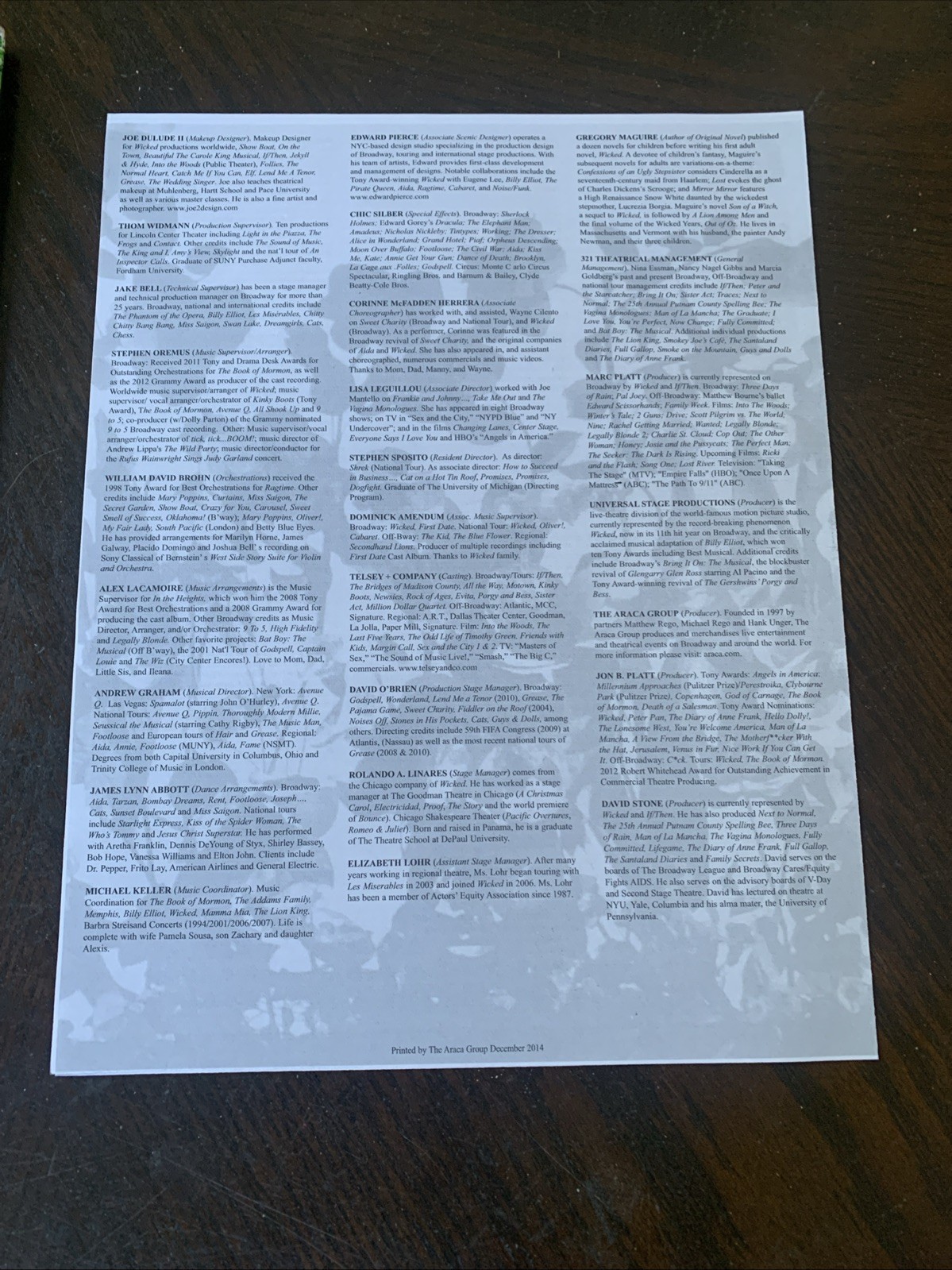 2013 Wicked Souvenir Broadway Show Program W/Cast Listing