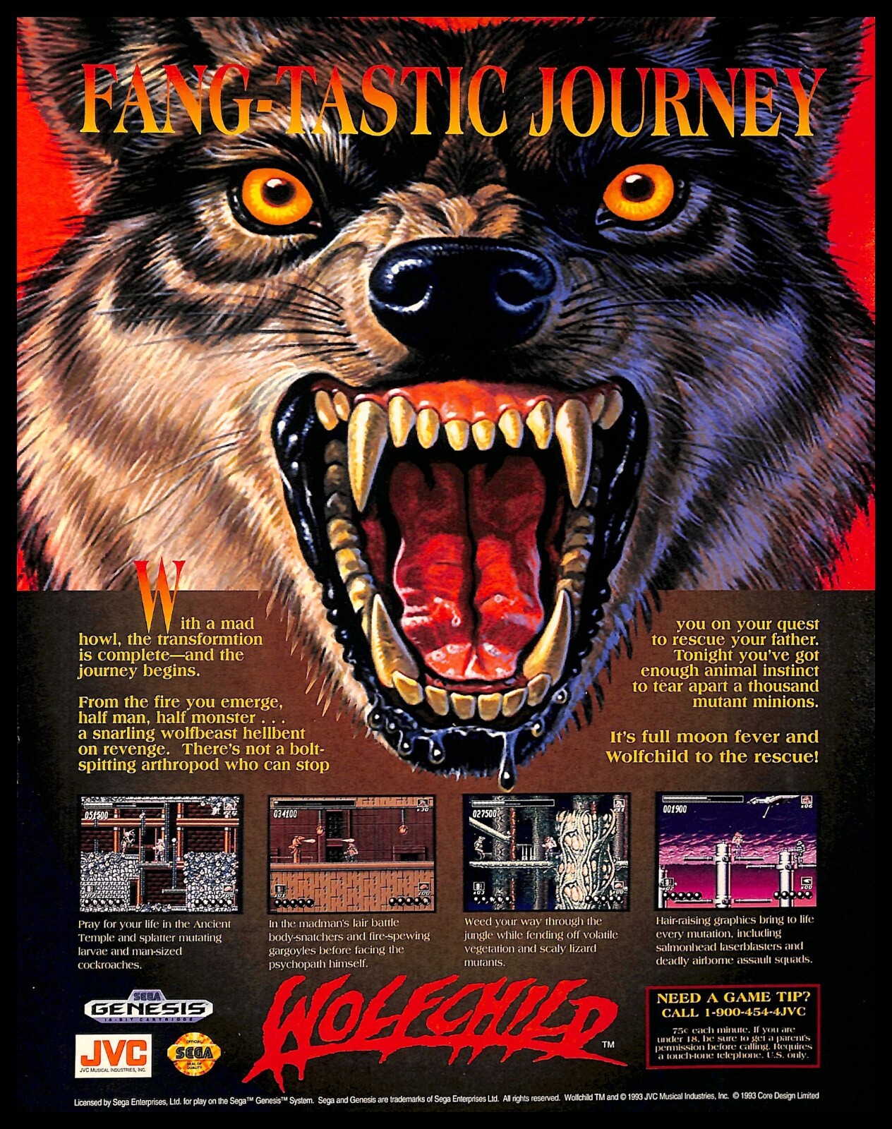 1994 Wolfchild Retro Video Game PRINT AD JVC Sega Genesis Art Promo
