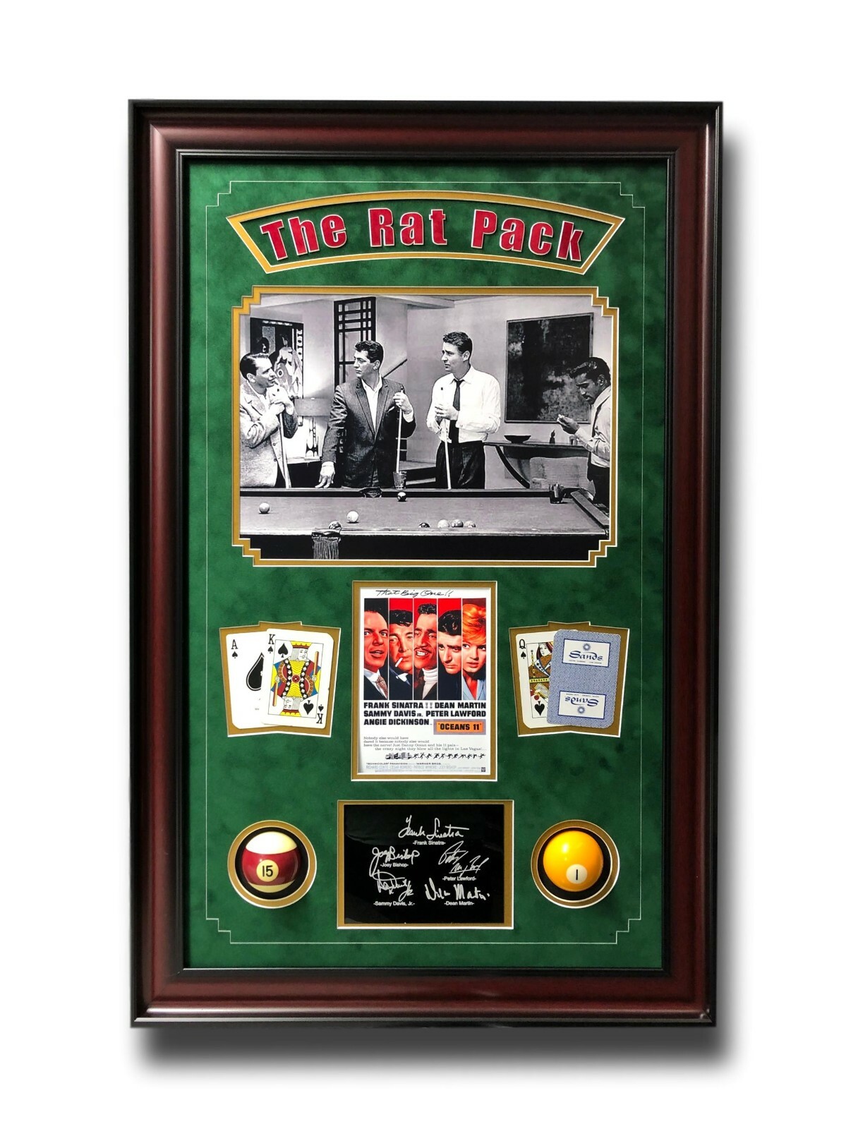 Rat Pack “Oceans 11” Billiards Pool Collage w/ Facs Autographs Signed Photo Room