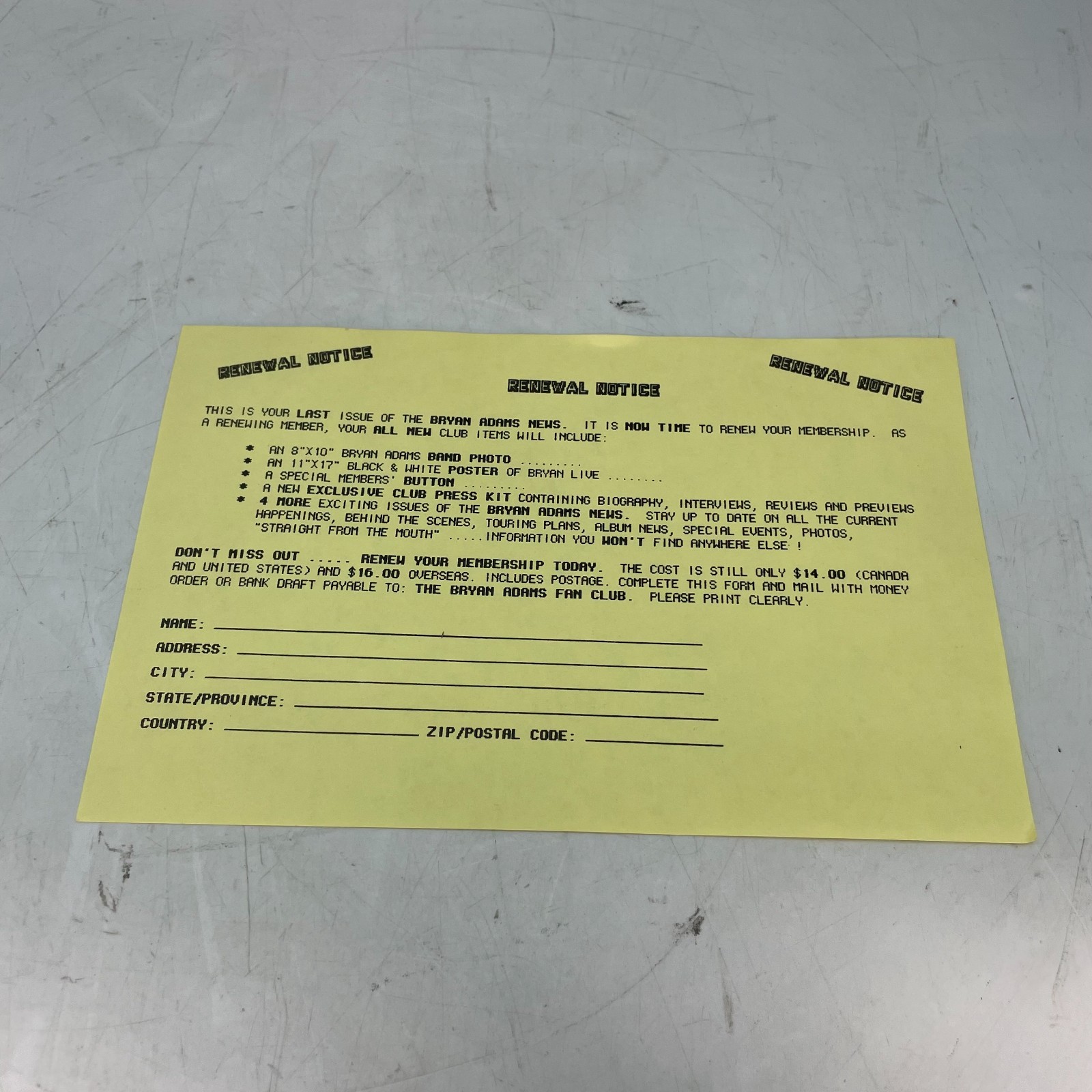 Bryan Adams Official Fan Club Ephemera Merch Order Sheet Magazine 1989
