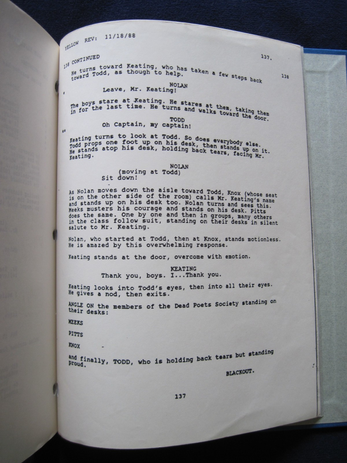 ORIGINAL SCRIPT DEAD POETS SOCIETY, SIGNED by TOM SCHULMAN, CUSTOM CLOTH BINDING