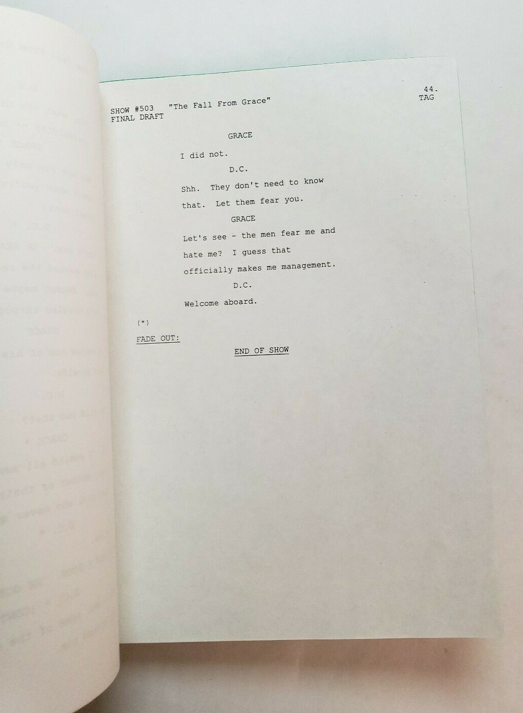 GRACE UNDER FIRE / Janet Leahy 1997 TV Script, Brett Butler “Fall from Grace”