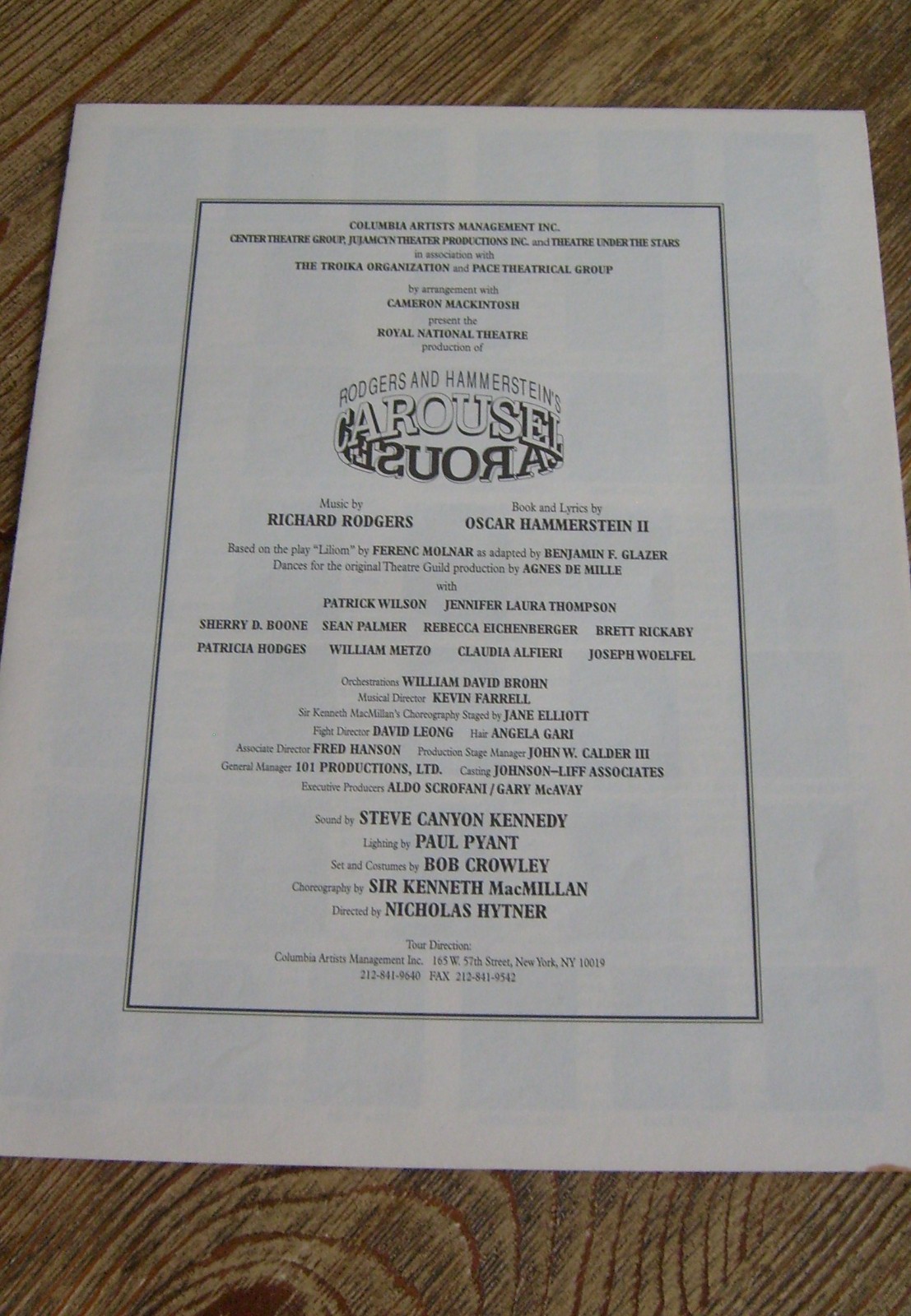 Carousel Program 1996 Patrick Wilson Rodgers Hammerstein Royal National Theatre