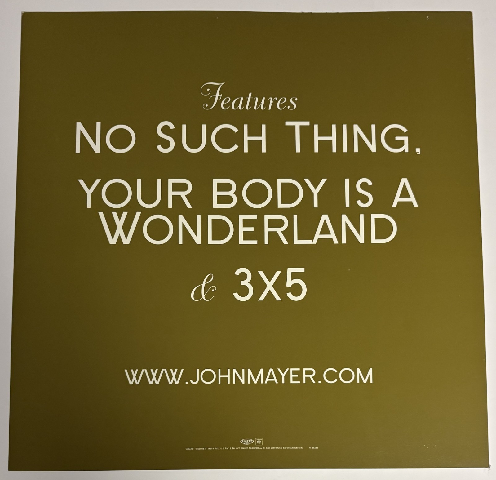 JOHN MAYER Room for Squares 12×12 record store promo poster flat 2sided 2001