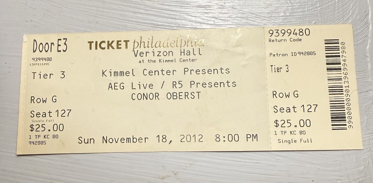 CONOR OBERST OF BRIGHT EYES RARE CONCERT TICKET STUB PHILADELPHIA, PA 11/18/2012