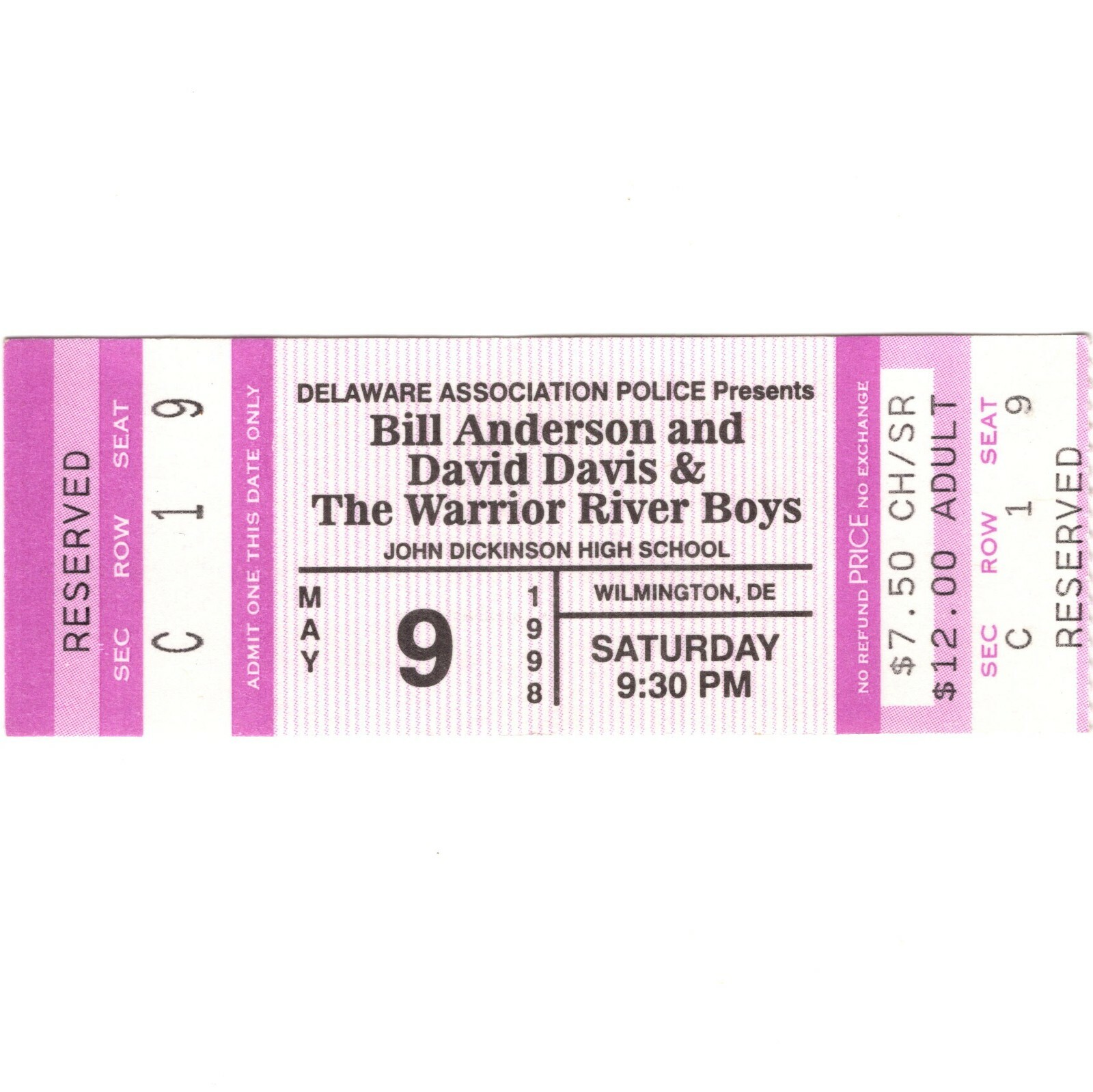 BILL ANDERSON Concert Ticket Stub WILMINGTON DE 5/9/98 JOHN DICKINSON HS Rare
