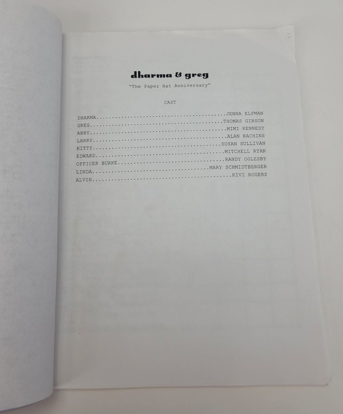 DHARMA & GREG / Bill Prady 1998 TV Script, Jenna Elfman “Paper Hat Anniversary”