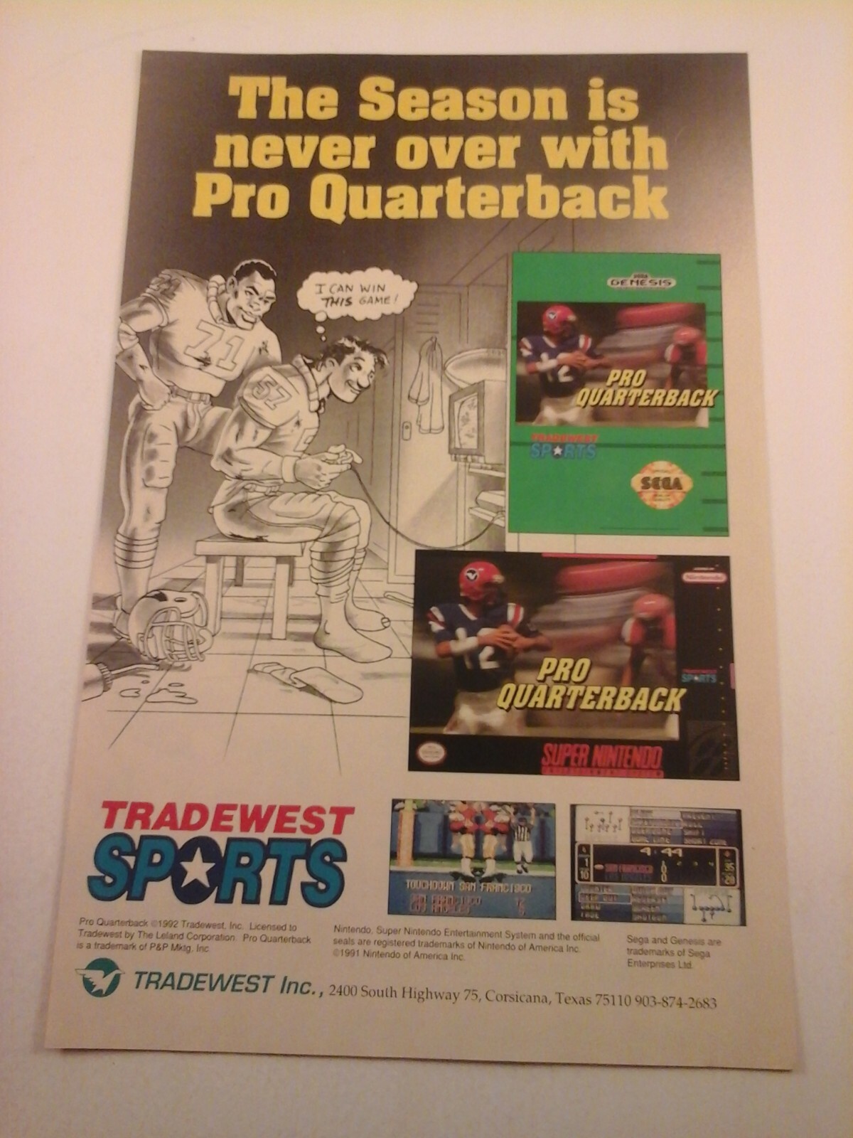 1993 Vtg Video Game Print Ad – PRO QUARTERBACK – SNES & SEGA – TRADEWEST SPORTS