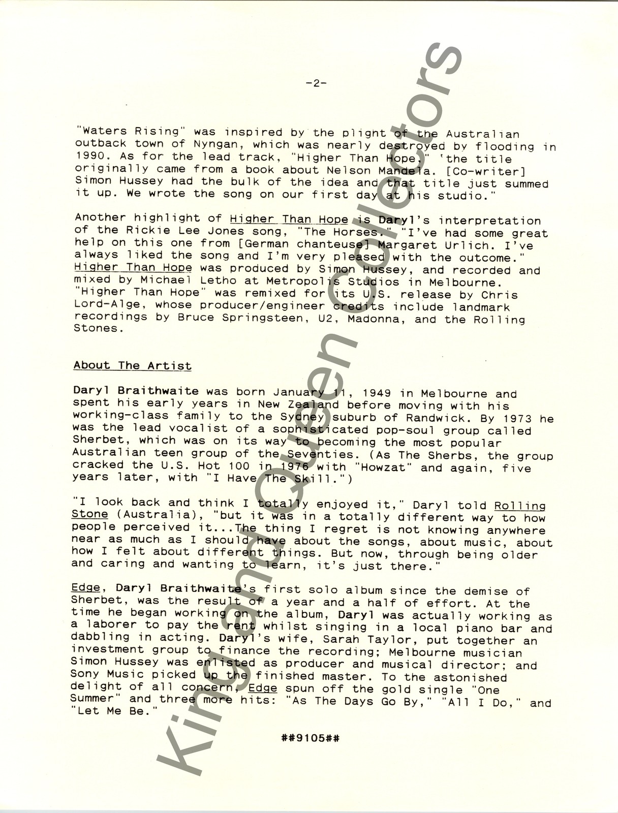 Daryl Braithwaite Original Epic Associated Press Kit Album Information Sheet