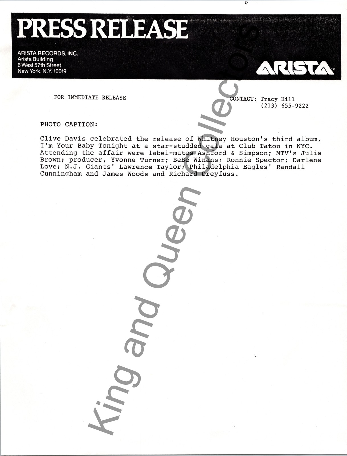 Whitney Houston Original ARISTA RECORDS, INC Press Kit Press Release I’m Your