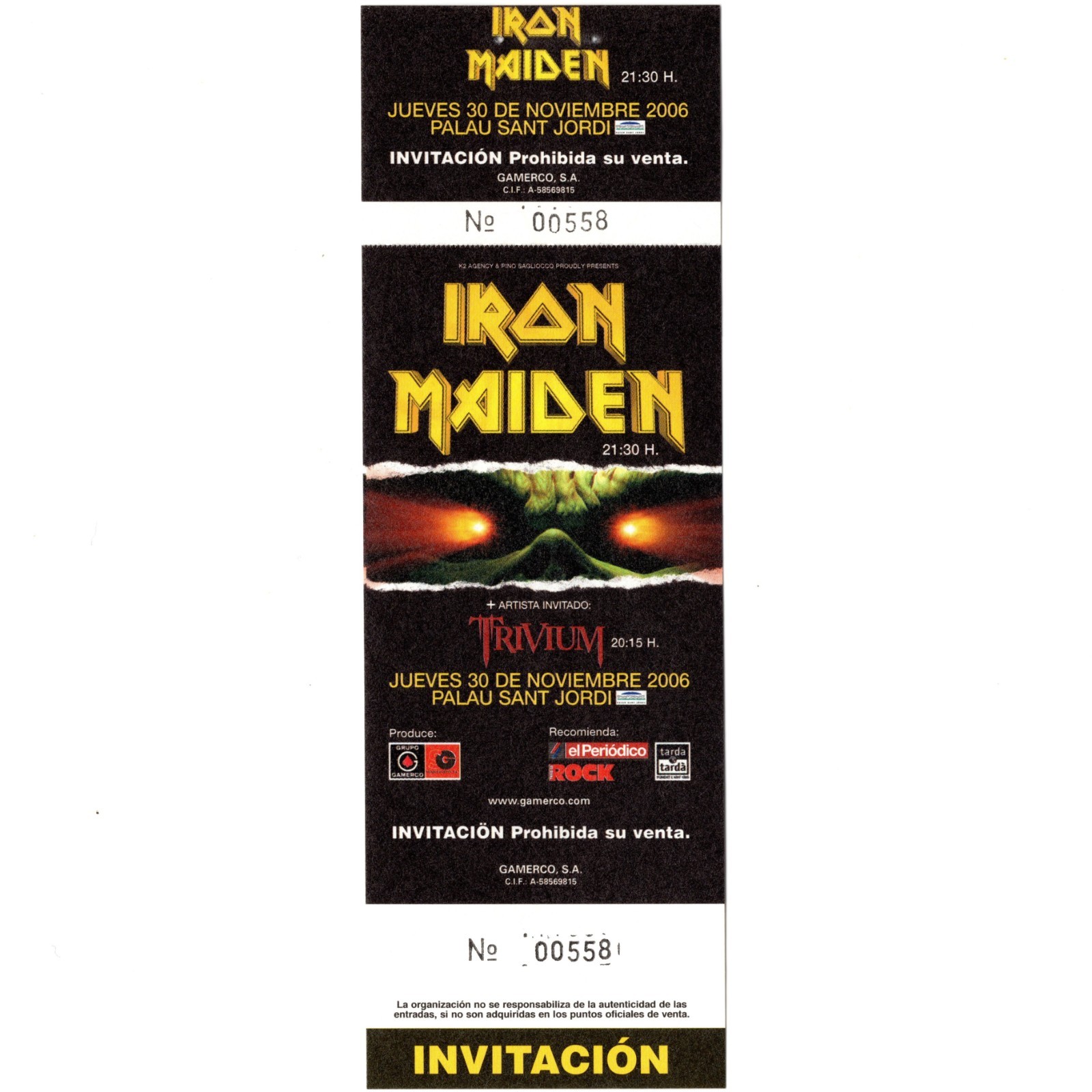 IRON MAIDEN & TRIVIUM Full Concert Ticket Stub SPAIN 11/30/06 PALAU SANT JORDI
