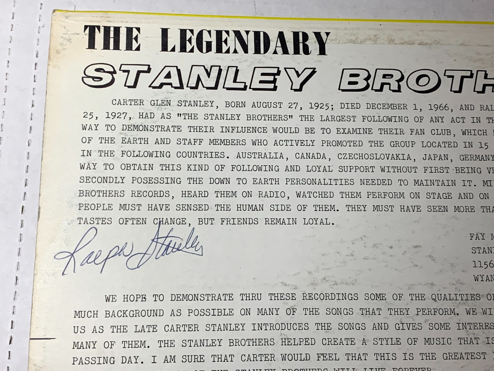 RALPH STANLEY Signed Autograph Album STANLEY BROTHERS Live Lp Bluegrass