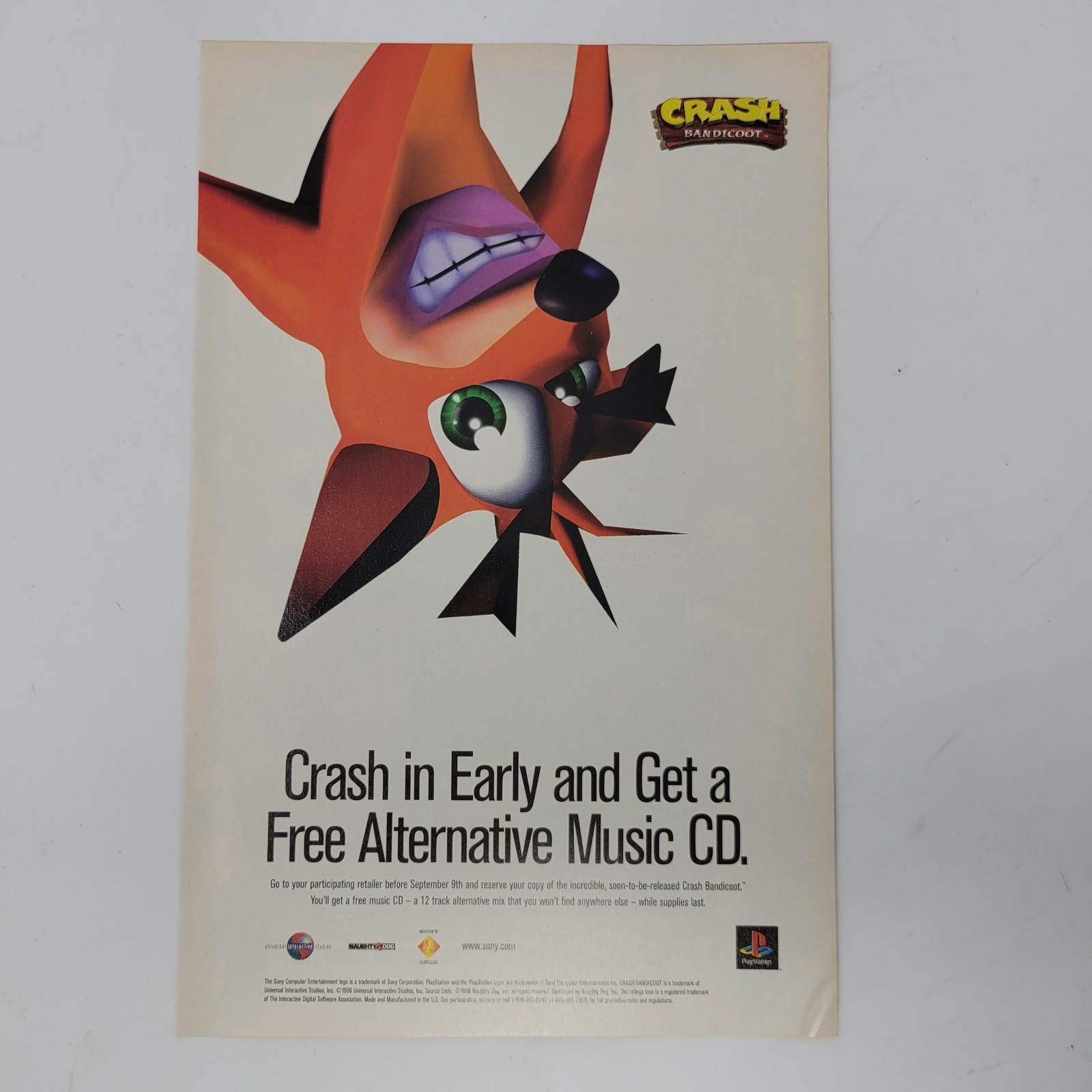 Crash Bandicoot Free Alternative Music CD Vintage PlayStation Promo Ad