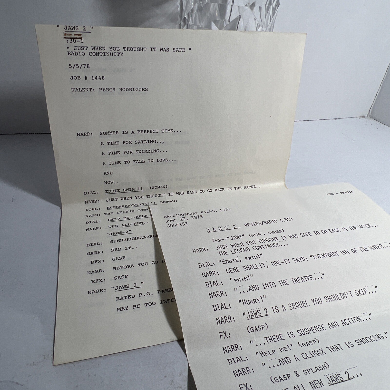 1978 JAWS 2: “Just When You Thought It Was Safe” Continuity Script, Kaleidoscope