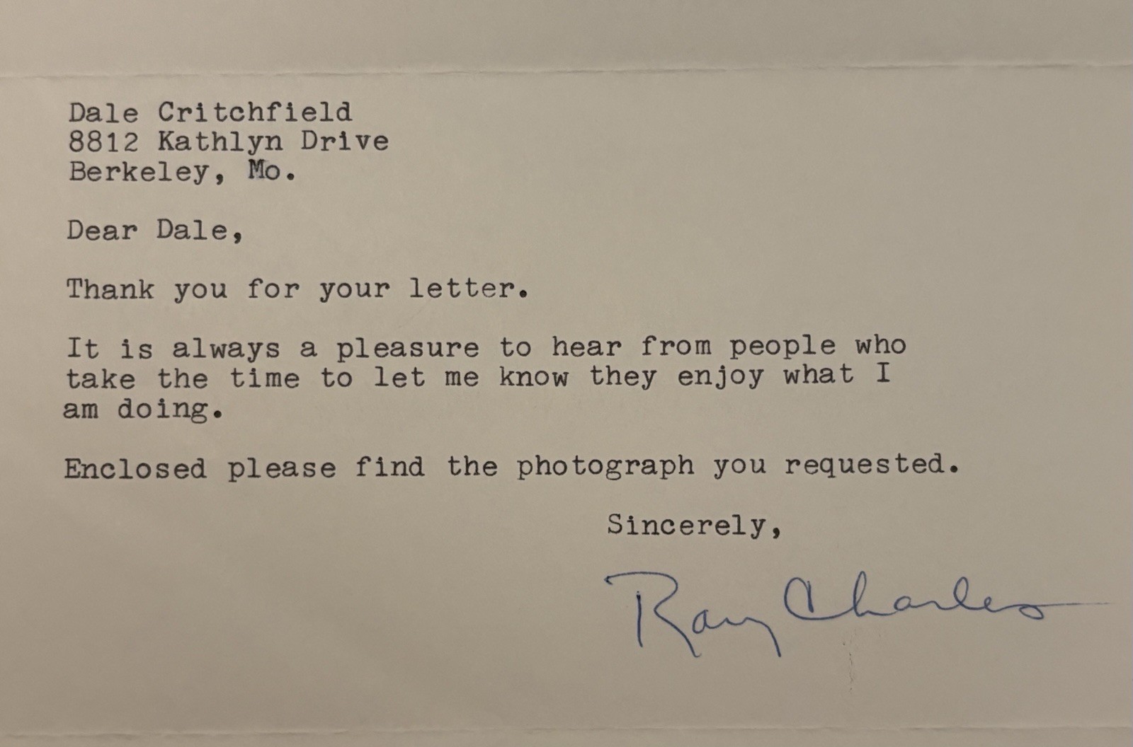 1967 Ray Charles Signed Letter On Watermarked Letterhead