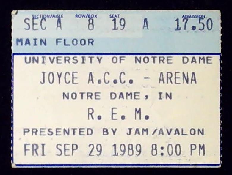 REM Concert Ticket Stub Joyce ACC Arena Notre Dame Campus South Bend 9/29/1989