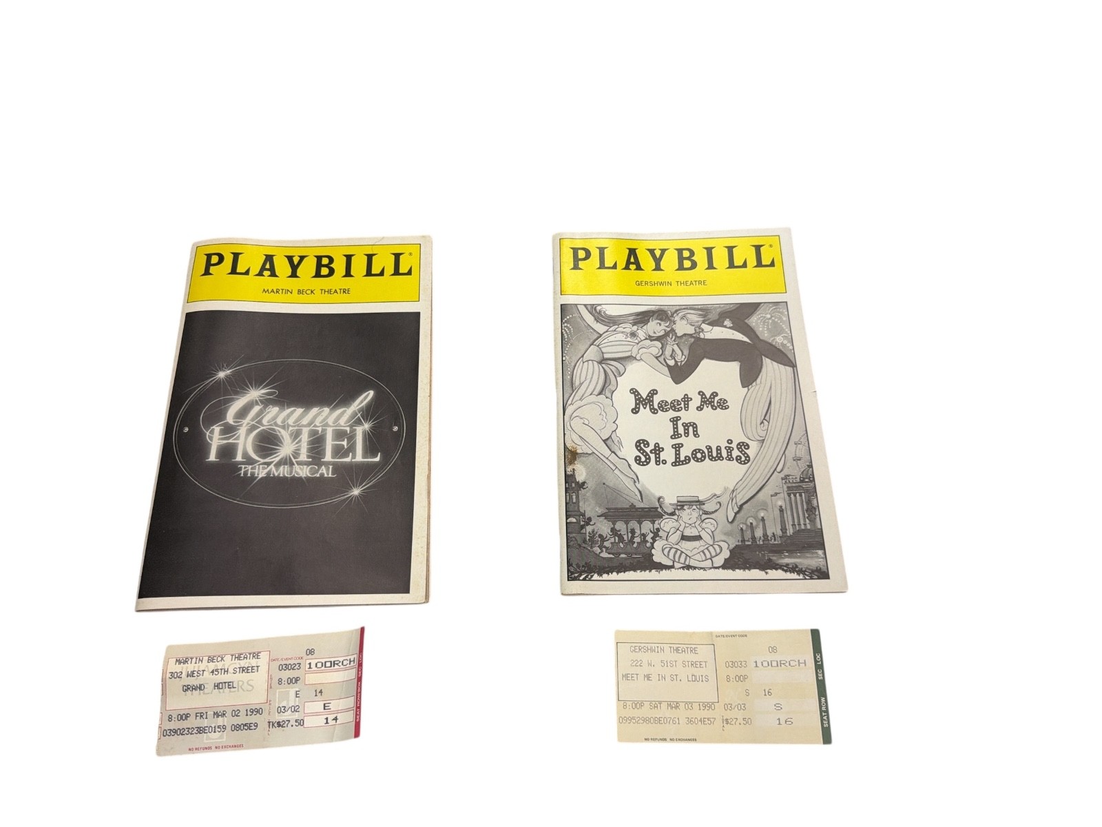 Grand Hotel & Meet Me In St Louis Playbill Tickets Mar 2-3 1990 Broadway Lot