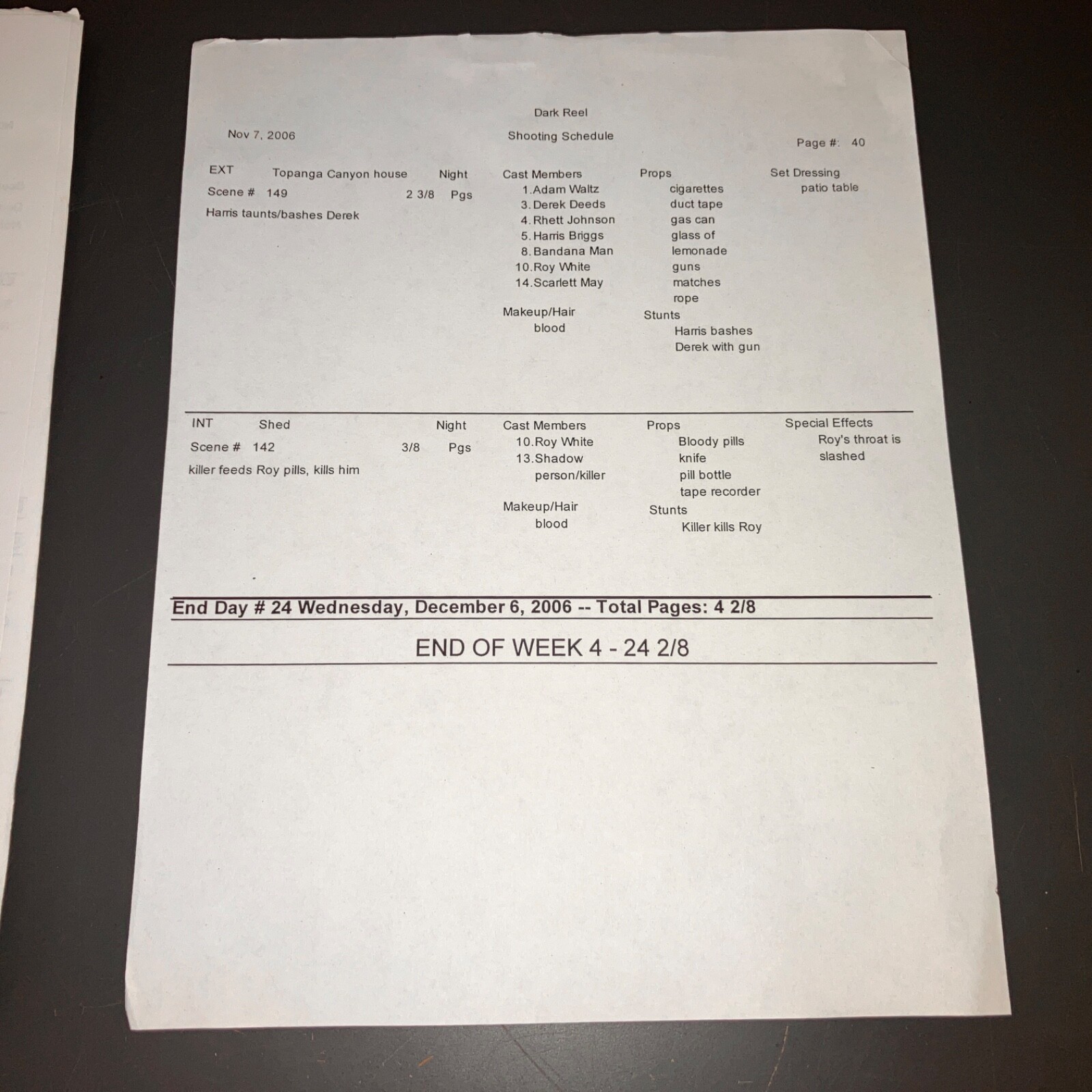DARK REEL (2008) Horror Script w/Dead Body Highlights + Shooting Schedule + COA!