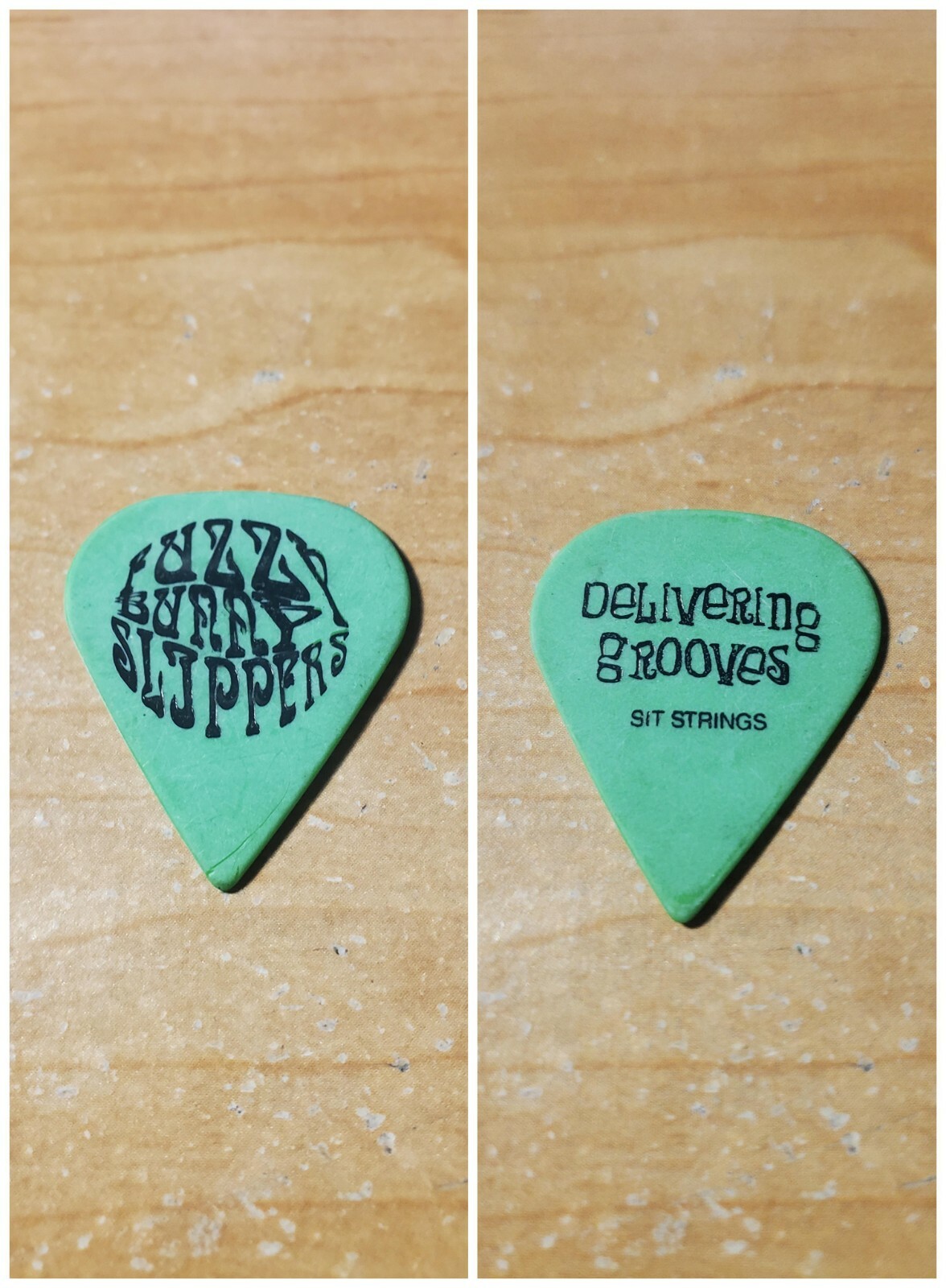 Fuzzy Bunny Slippers Black on Green Delivering Grooves band logo Guitar Pick Pic