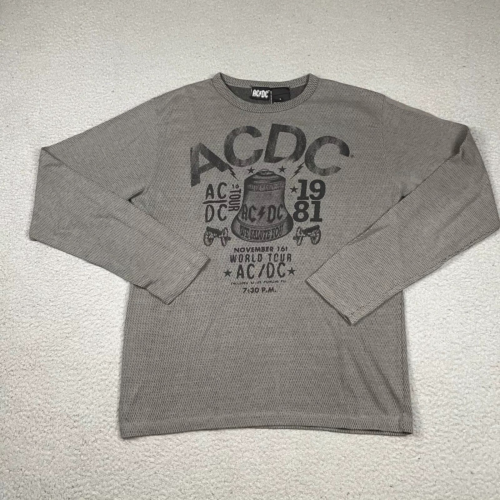 ACDC T Shirt Adult Large Gray World Tour 1981 Thermal Long Sleeve Waffle Weave L