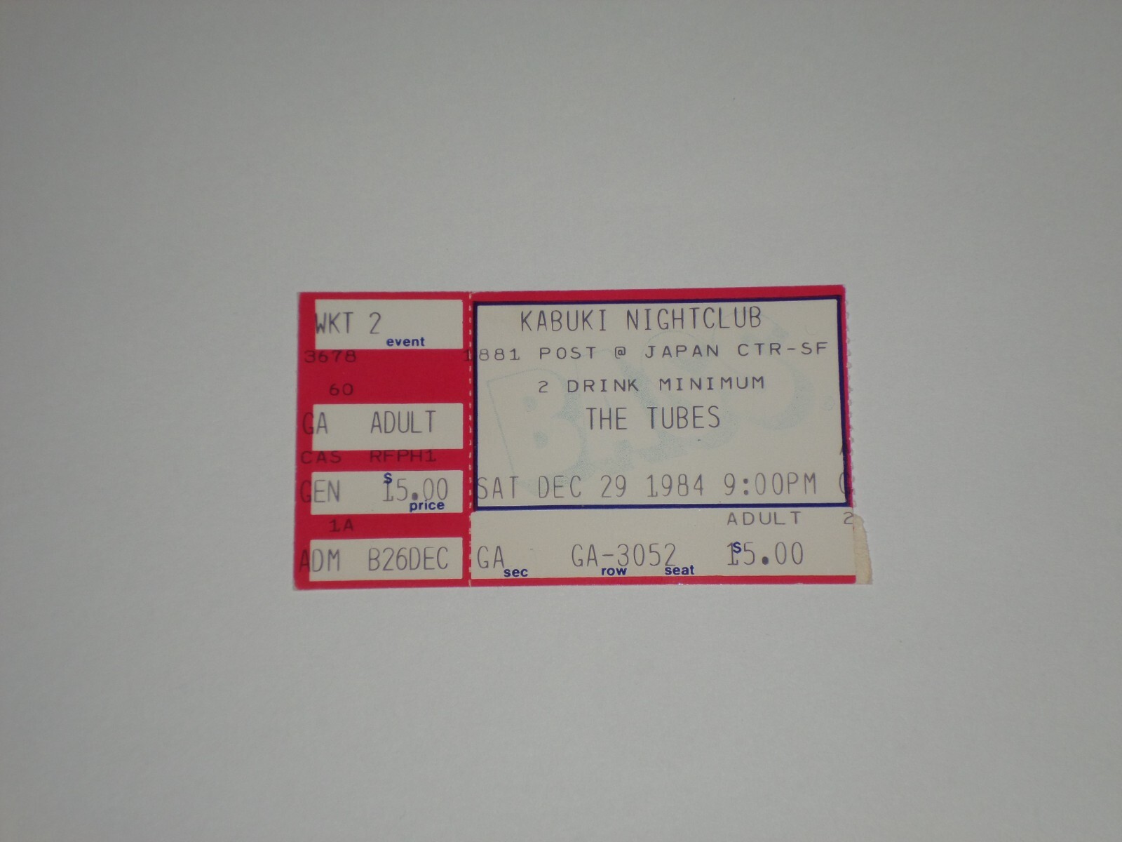 The Tubes Ticket Stub-1984-“She’s a Beauty”-Kabuki Nightclub-San Francisco,CA