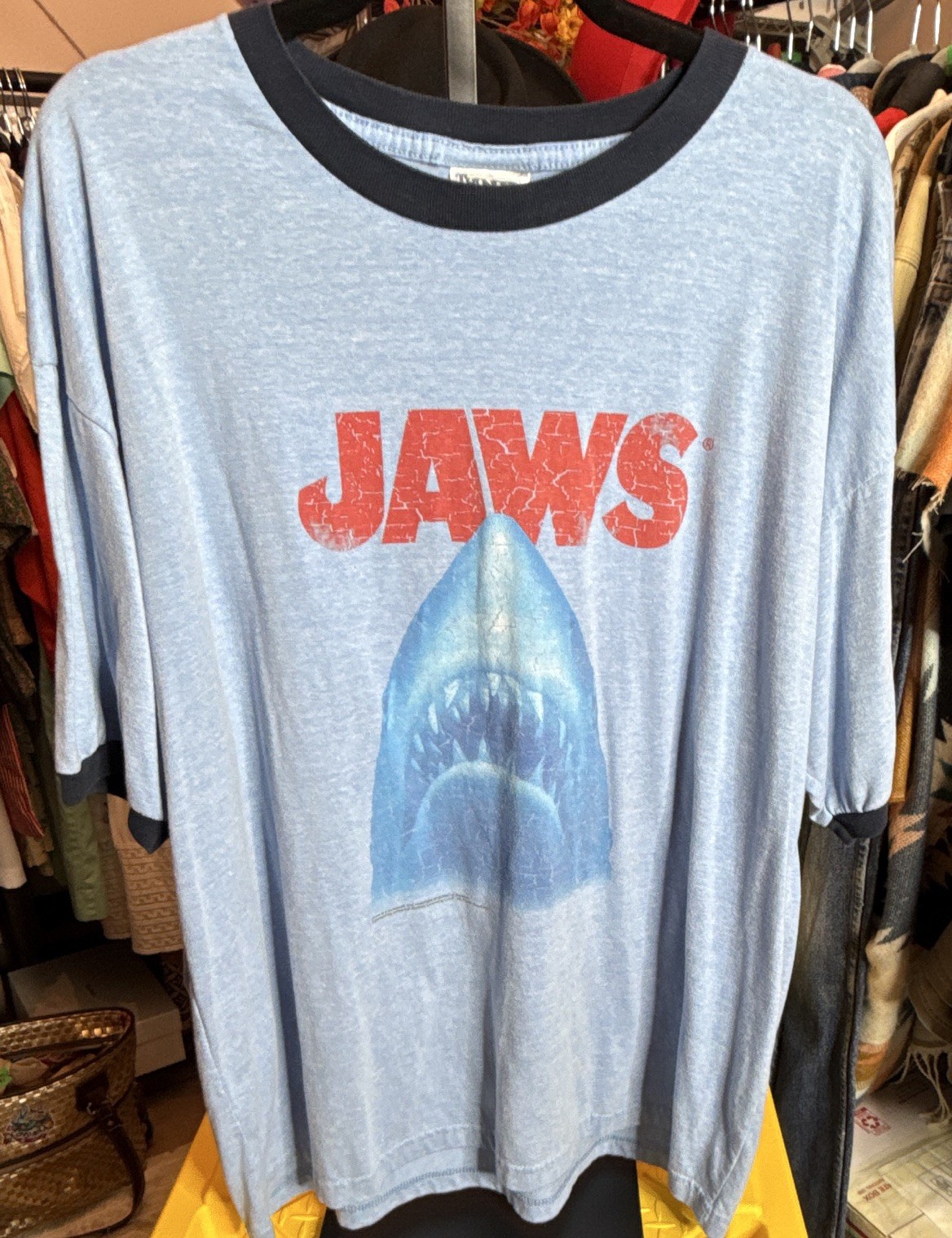 JAWS Universal Studios Licensed Shark Graphic Ringer T-Shirt Light Blue/Black