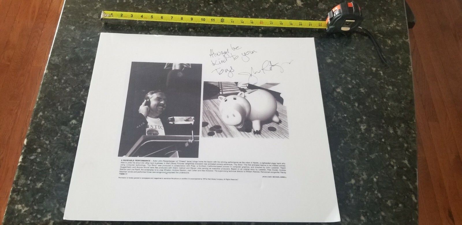 John Ratzenberger SIGNED 21×18 cardboard photo HAMM in TOY STORY BE KIND TO TOYS