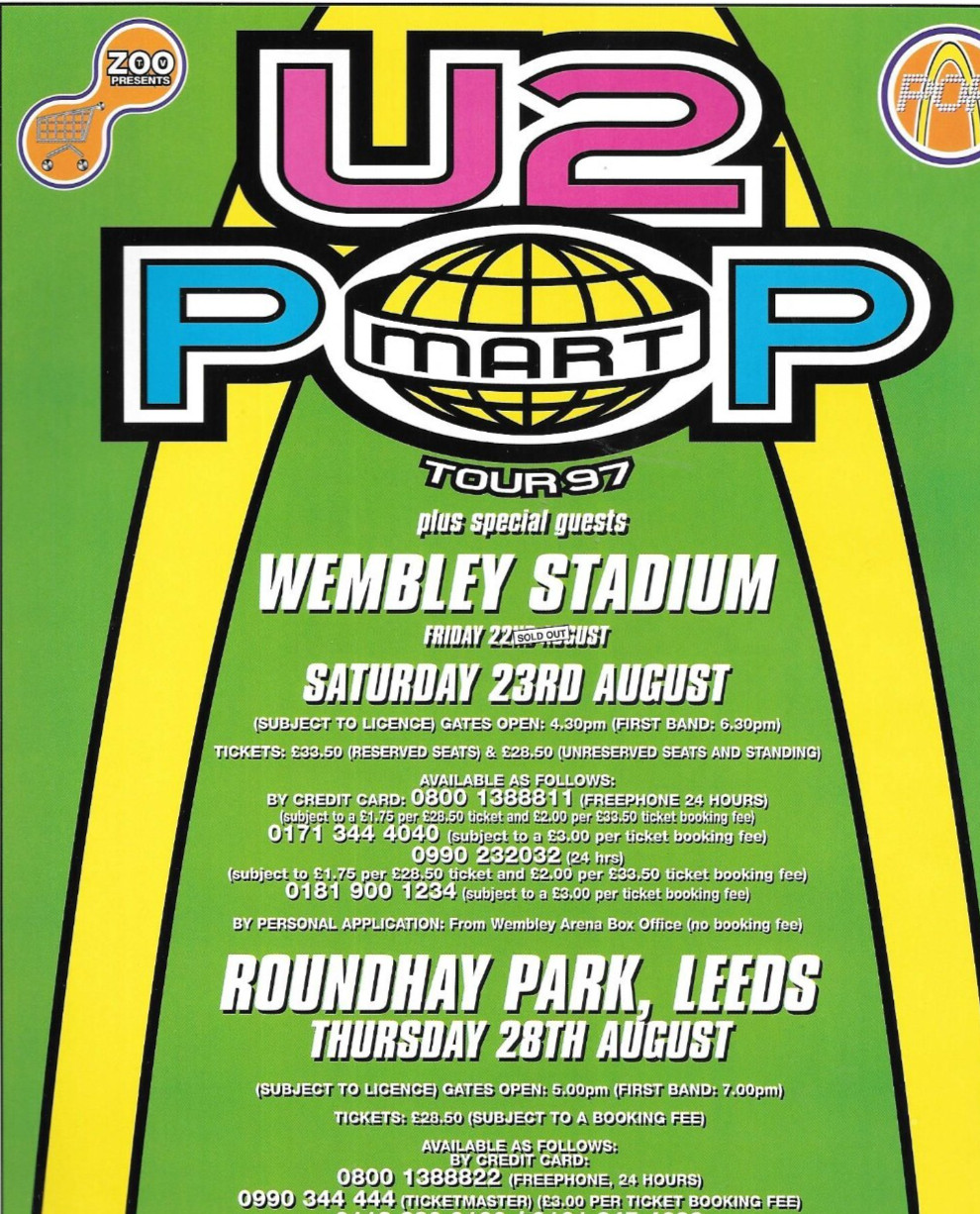 U2 / POP MART TOUR / WEMBLEY STADIUM / 1997 ORIGINAL VINTAGE UK print ad 9×12