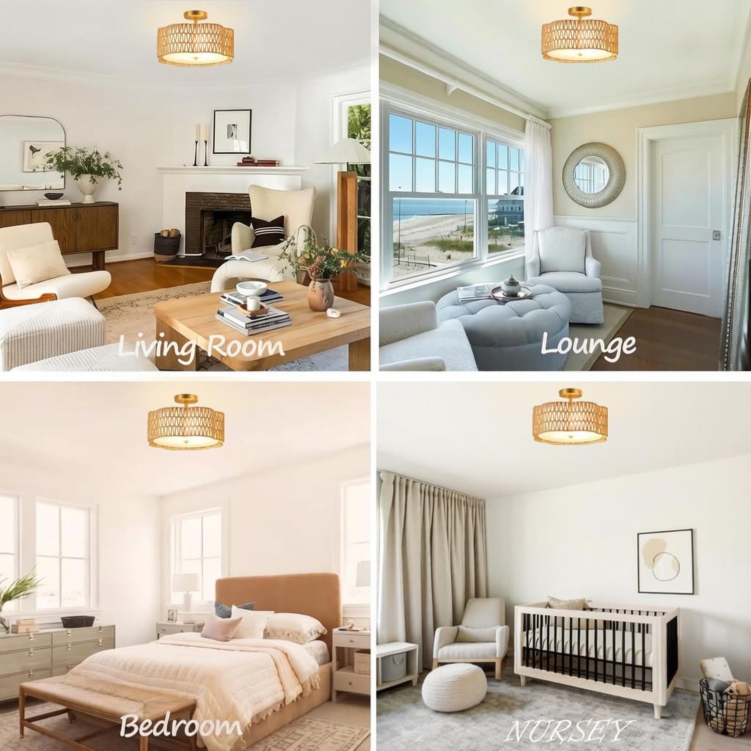 13.4″Rattan Flush Mount Ceiling Light Fixtures,Boho Rattan Chandelier with Dr…
